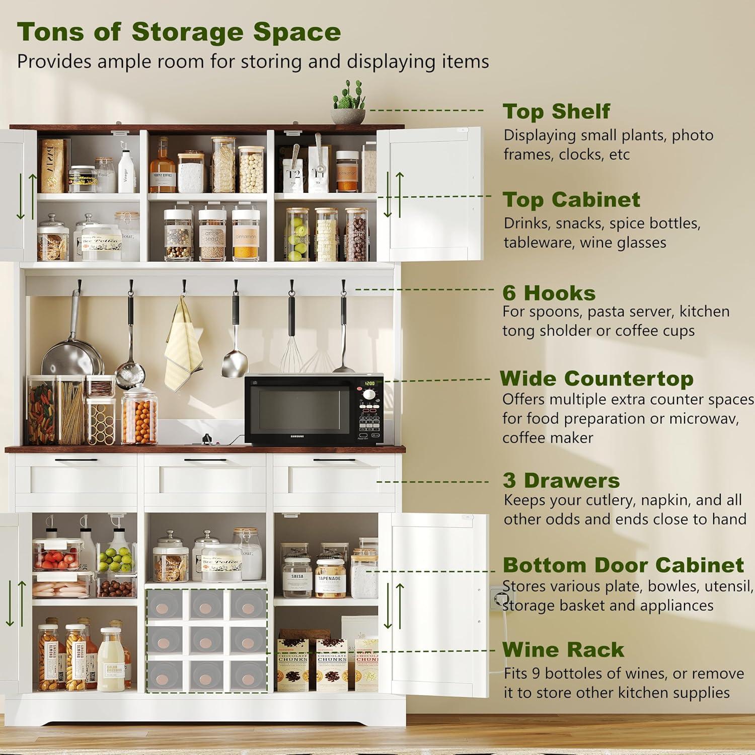 Rovaurx Farmhouse Kitchen Pantry with Microwave Shelf, 70.9" Tall Kicthen Houtch with Charging Station, Wooden Floor Pantry Storage Cabinet, Barn Doors and Adjustable Shelves, White KBG007WE