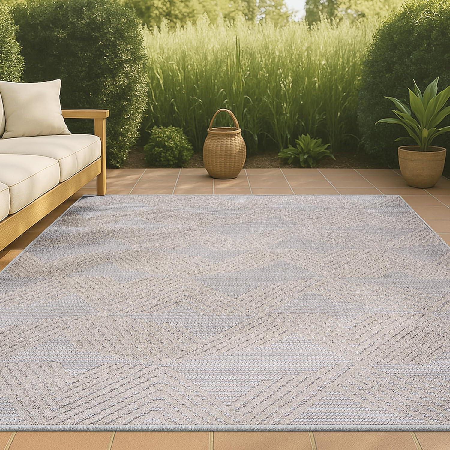 8'x10' Jazz High-Low Pile Art Deco Geometric Indoor/Outdoor Area Rug, Beige - JONATHAN Y