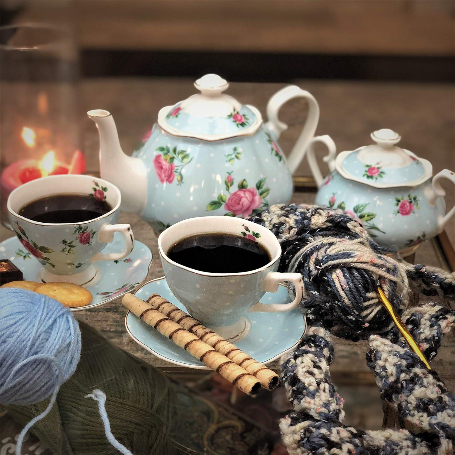 Floral Blue Porcelain Tea Set with Cups and Saucers