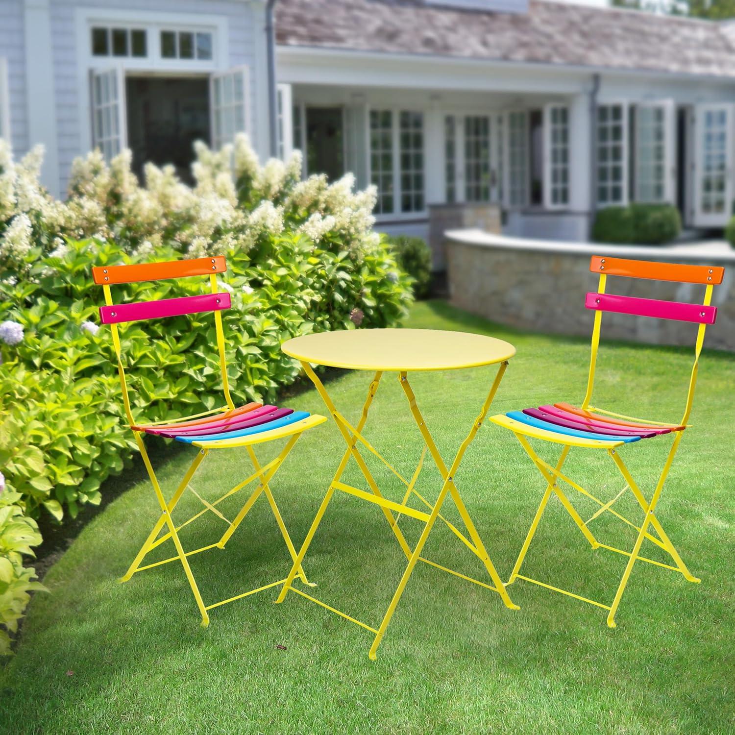 Steel Foldable Bistro Set Vibrant Rainbow - Alpine Corporation: Weather-Resistant, No Assembly, 2-Person Seating