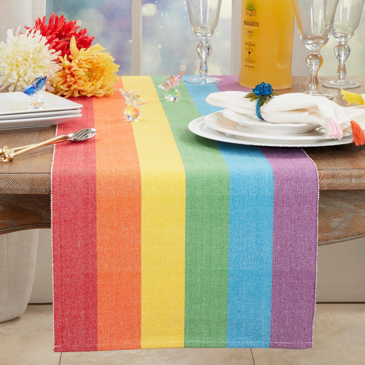 Saro Lifestyle Rainbow Stripe Delight Table Runner, Multicolored, 16"x72"