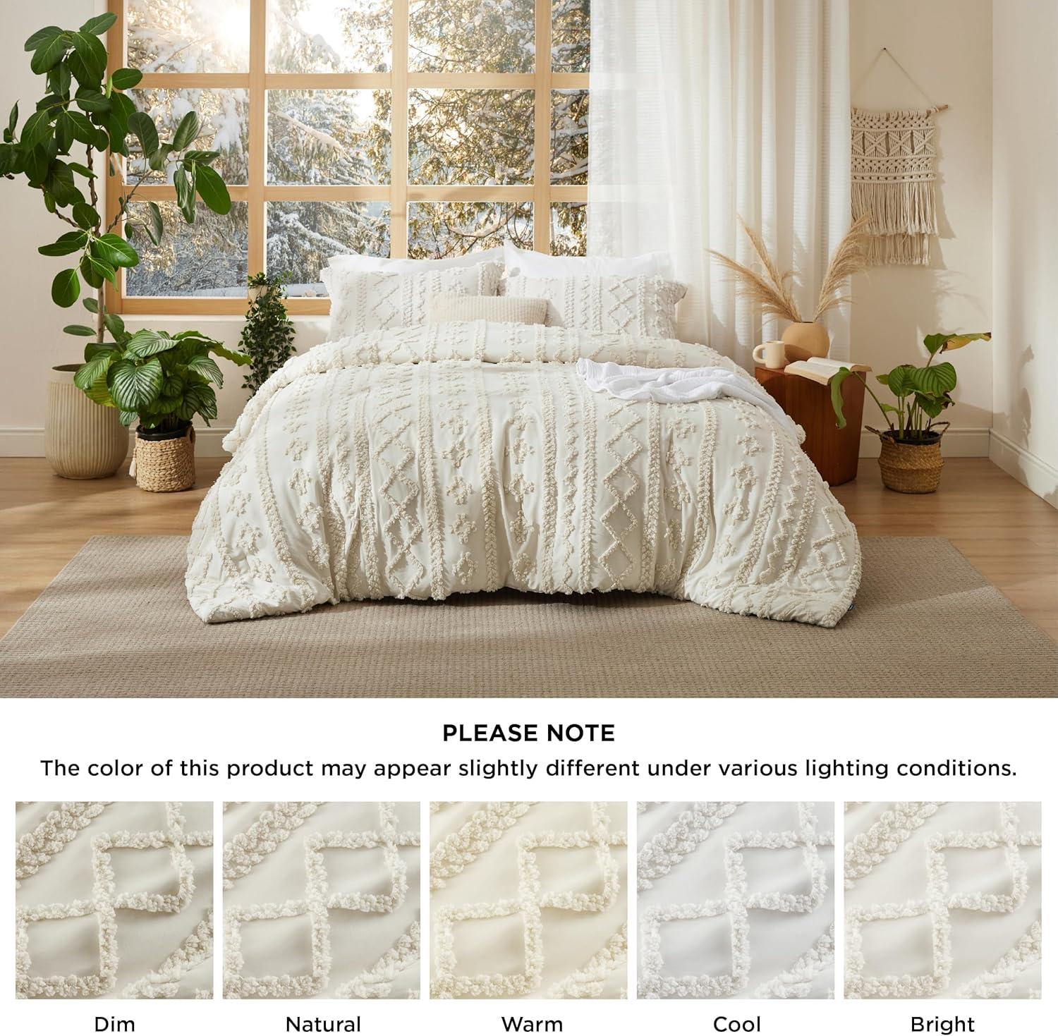 Cozy Comfort Tufted Boho Comforter Set Full, Beige, 3 Pieces Farmhouse Shabby Chic Embroidery Bed Set, Soft Jacquard Comforter for All Seasons