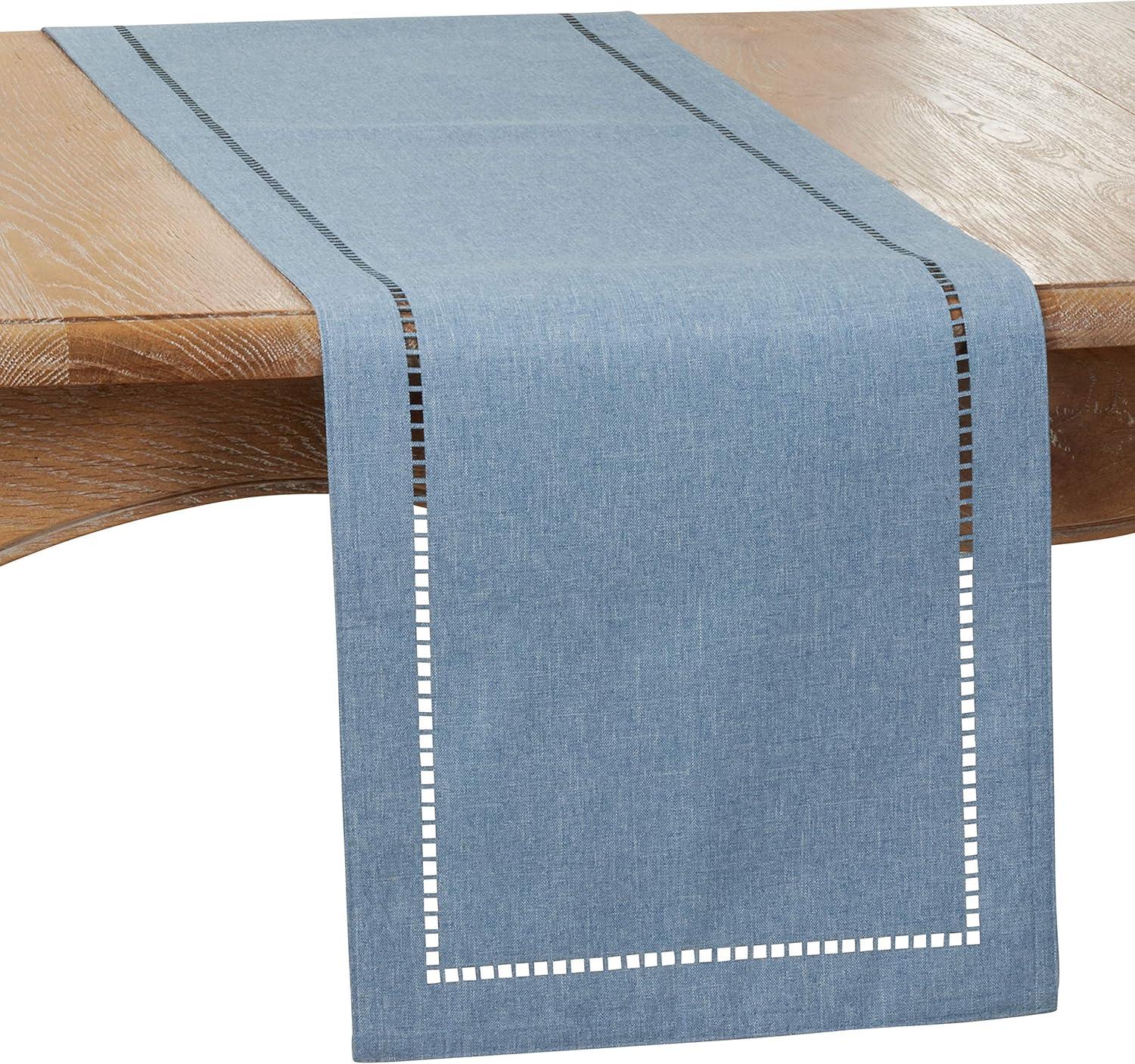 SARO  14 x 72 in. Oblong Denim Laser-Cut Hemstitch Table Runner