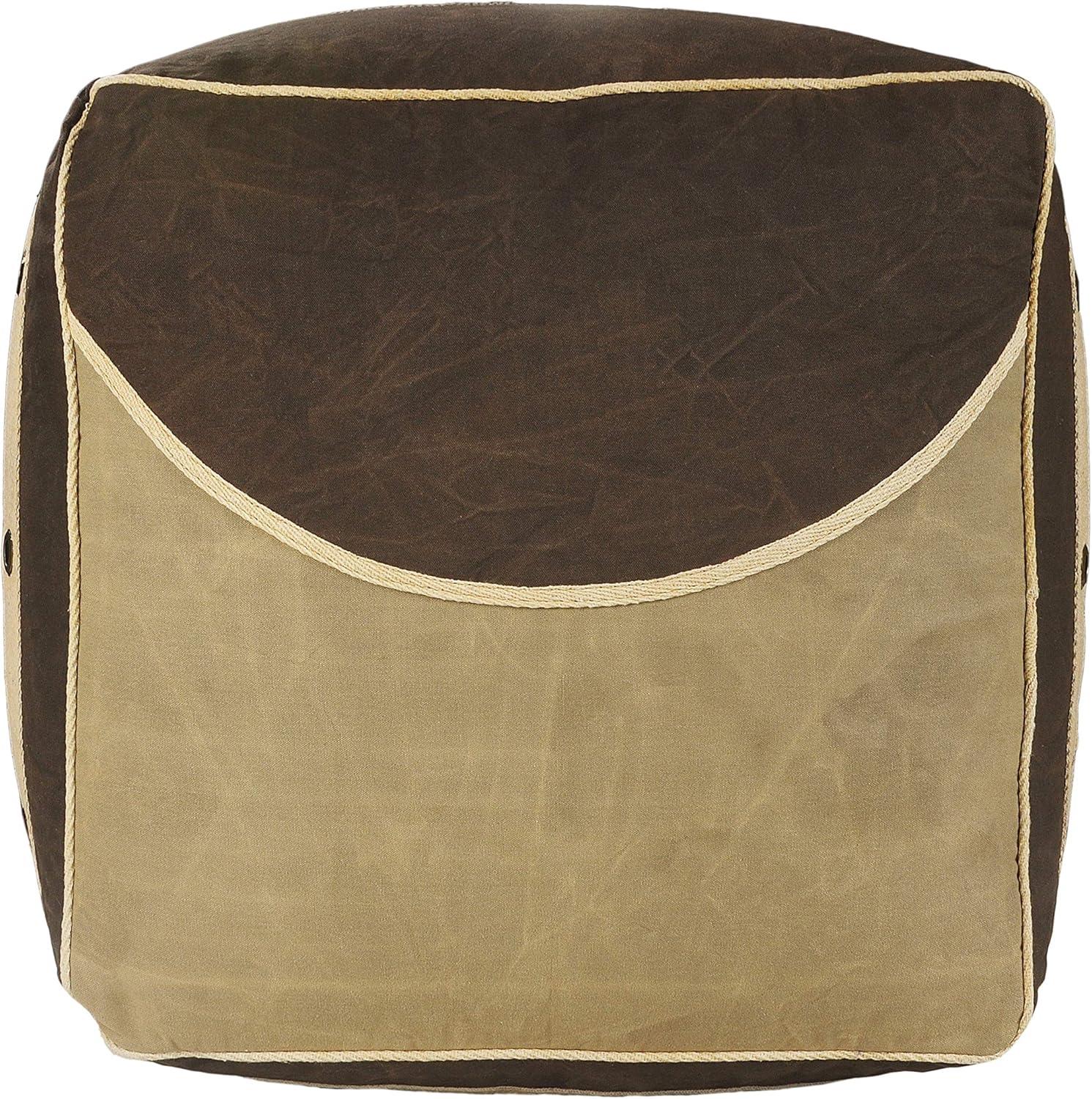 Rustic Farmhouse Striped Border Pouf in Gray/Brown, 20" Cube