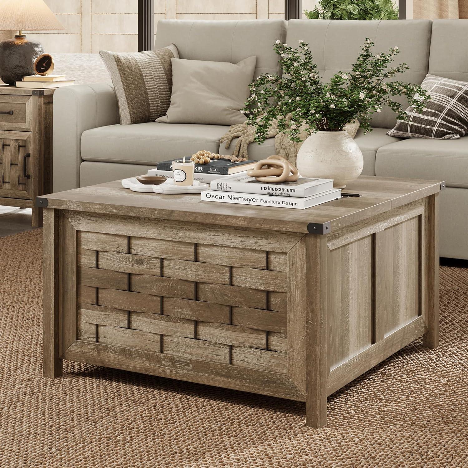 Rustic Square Wood and Metal Lift-Top Coffee Table with Storage