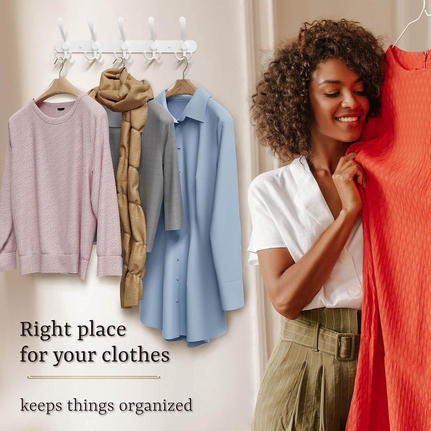 White Coat Rack Wall Mounted - 16 Inch Heavy Duty Stainless Steel Matte Finish Wall Hook Rack - 5 Tri Coat Hooks for Hanging Towels, Bags, Hat - Bathroom Entryway - 2 Pack