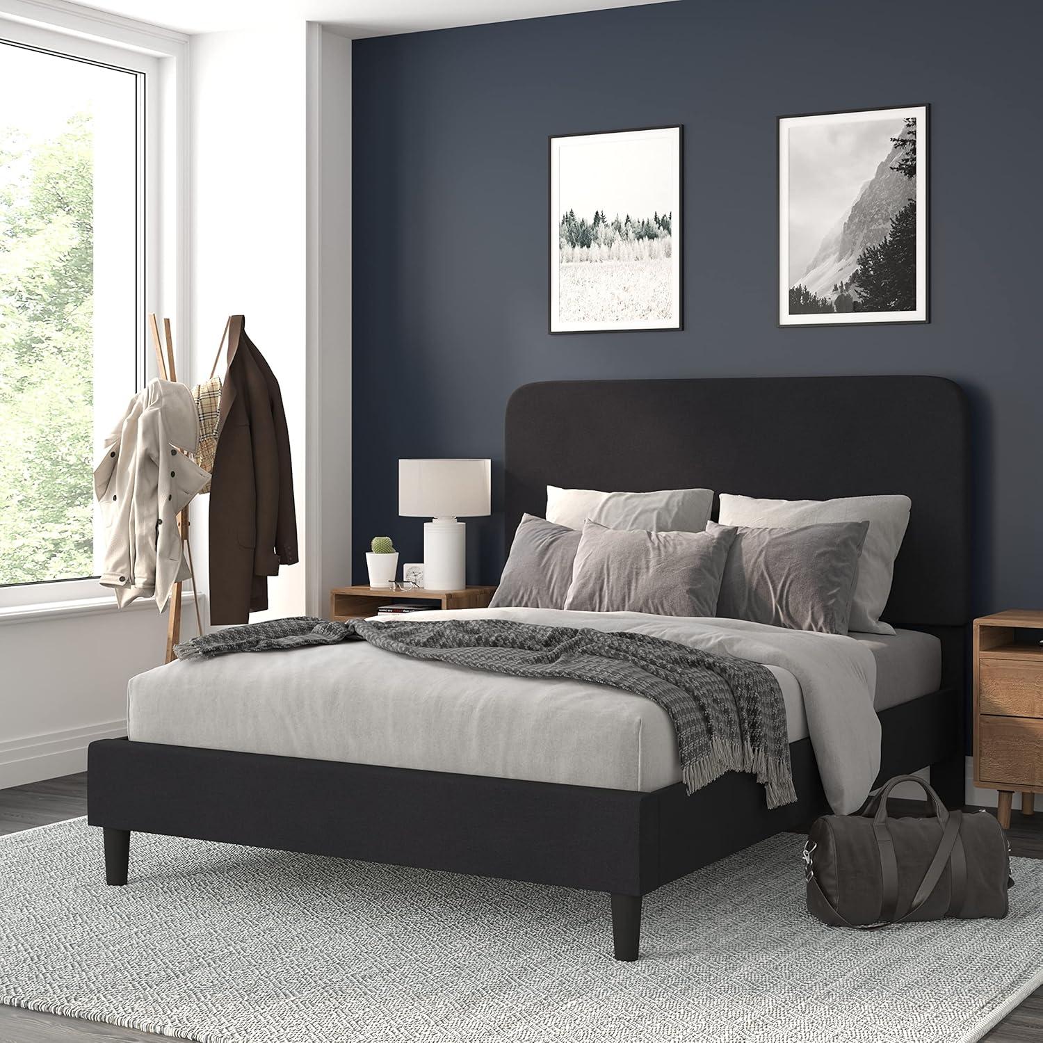 Flash Furniture Addison Fabric Queen Platform Bed with Headboard in Charcoal