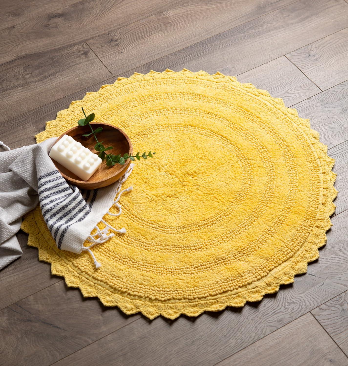 Plush Cotton 28" Yellow Round Crochet Bath Mat