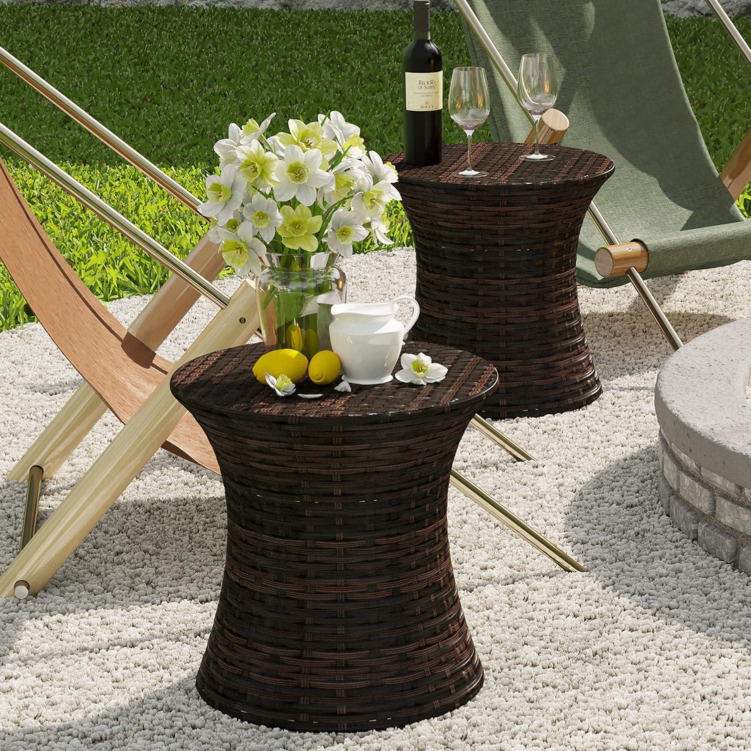 Outdoor Bistro Tables Wicker Side Table for Patio Garden Round Rattan Desk All Weather Brown