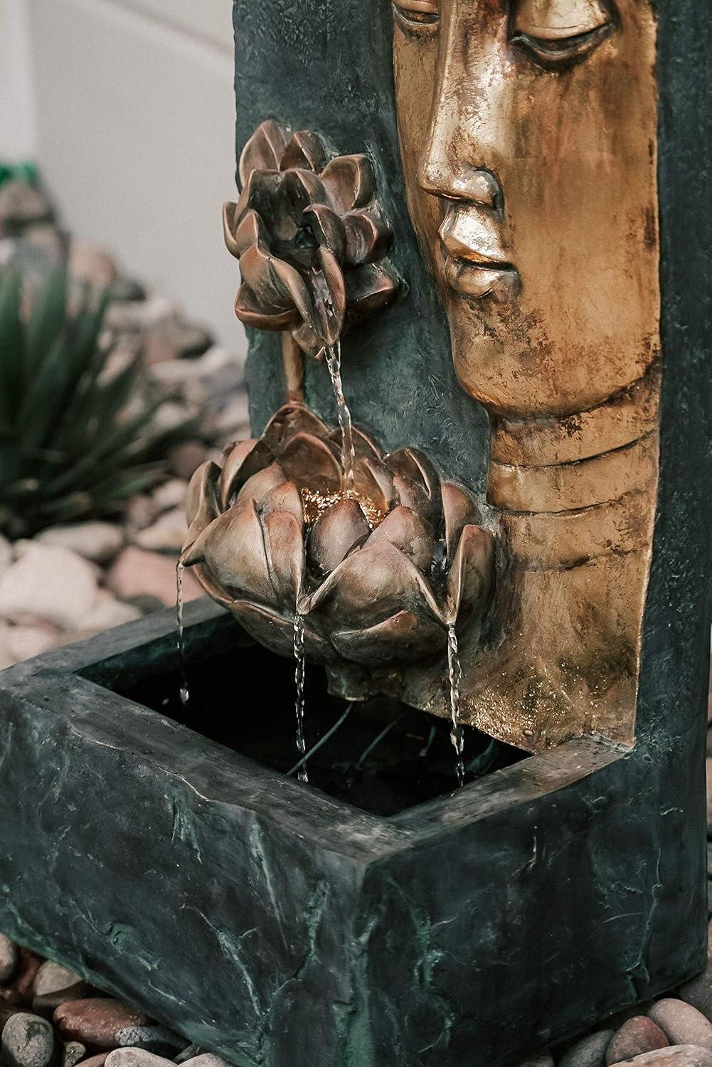 XBrand 30" H Zen Buddha Face Water Fountain w/ LED light & Pump, Indoor/Outdoor Freestanding, Relaxing Zen Décor, Bronze and Natural Grey Polyresin Fountain for Home Patio Garden Backyard