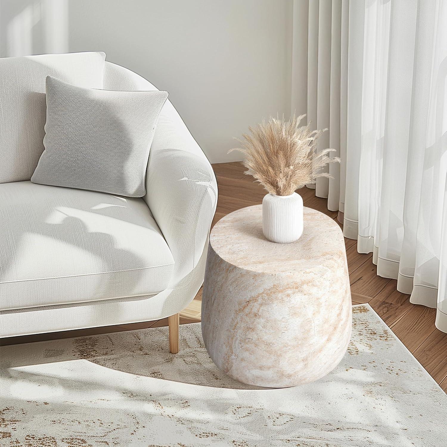 Barrel Travertine Stone Finish Italian Design MgO Side Accent Table