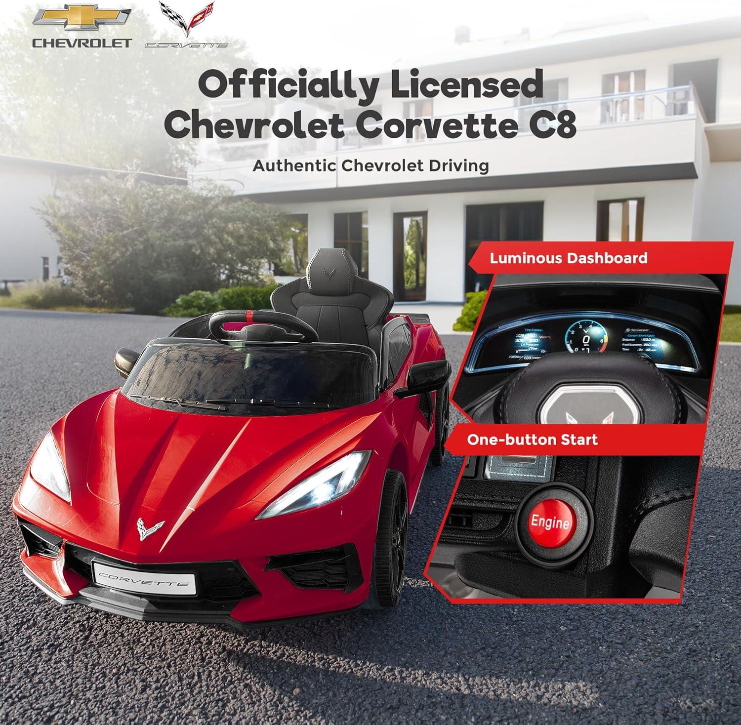 FUNTOK Licensed Chevrolet Corvette C8 12V Kids Electric Ride on Car Toy, Battery Powered Car Truck with Remote Control, Bluetooth, 3 Speeds, LED Headlight, Music Player & Spring Suspension, Red