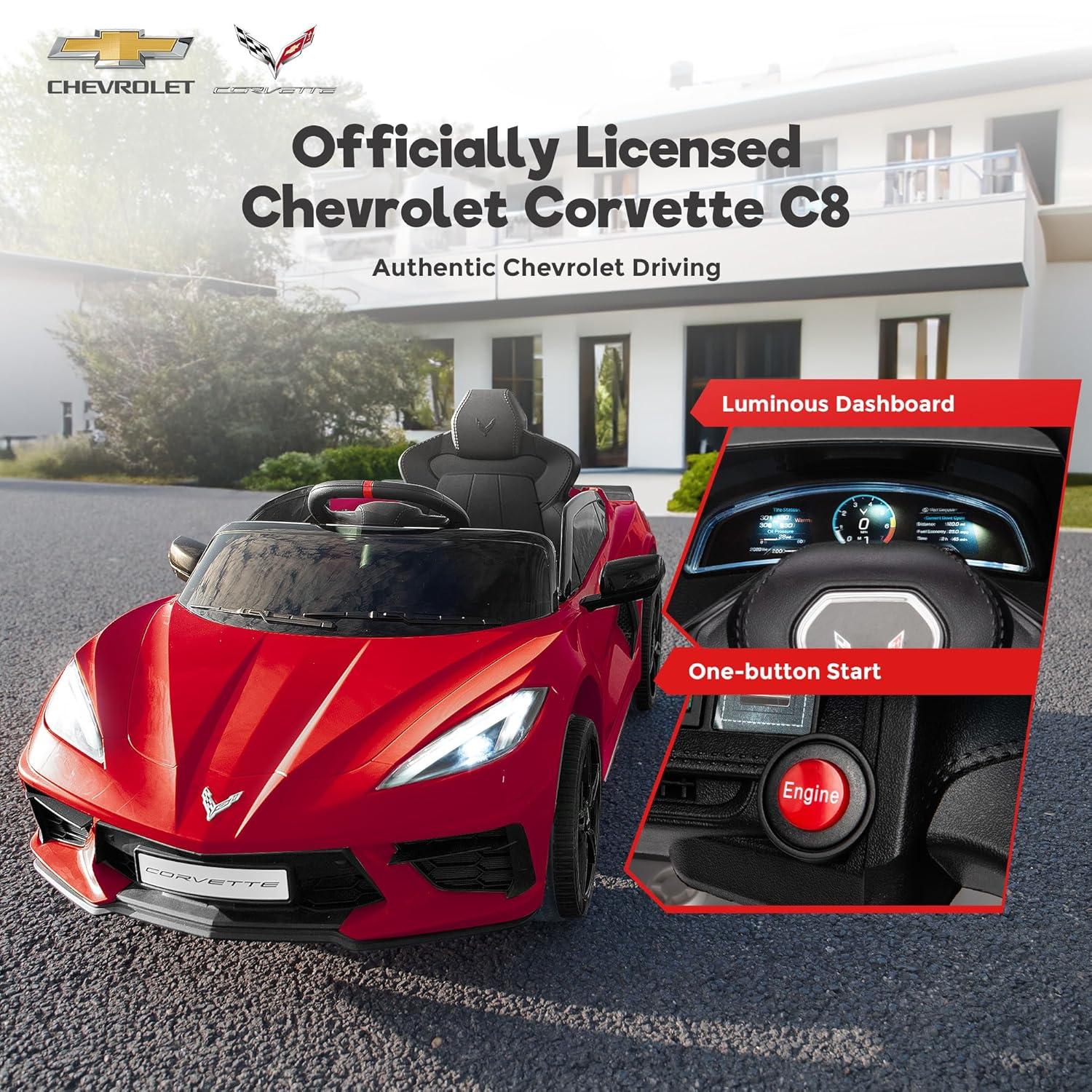 FUNTOK Licensed Chevrolet Corvette C8 12V Kids Electric Ride on Car Toy, Battery Powered Car Truck with Remote Control, Bluetooth, 3 Speeds, LED Headlight, Music Player & Spring Suspension, Red