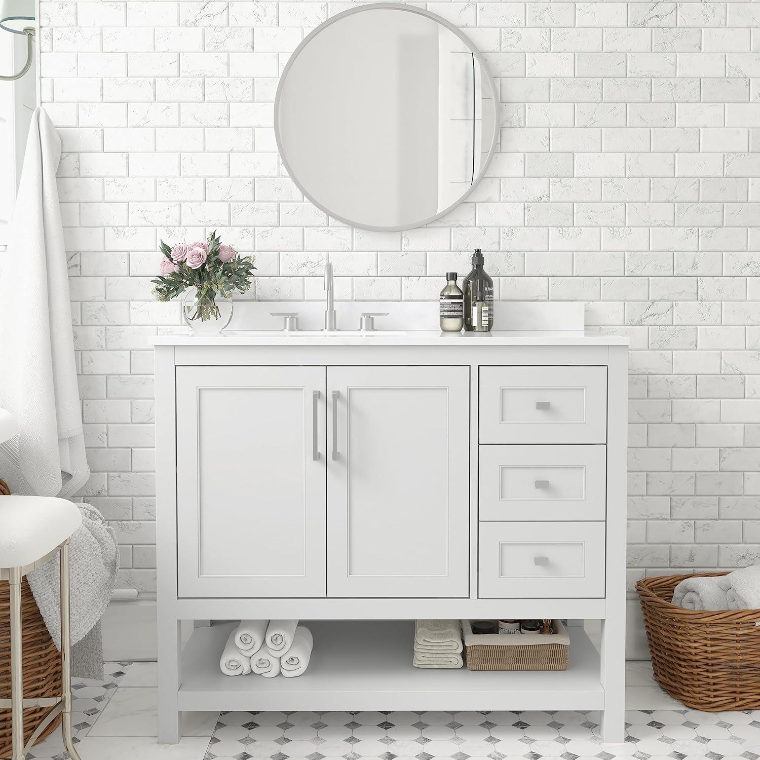 Vivien 42" White Composite Bathroom Vanity with Carrara Marble Top