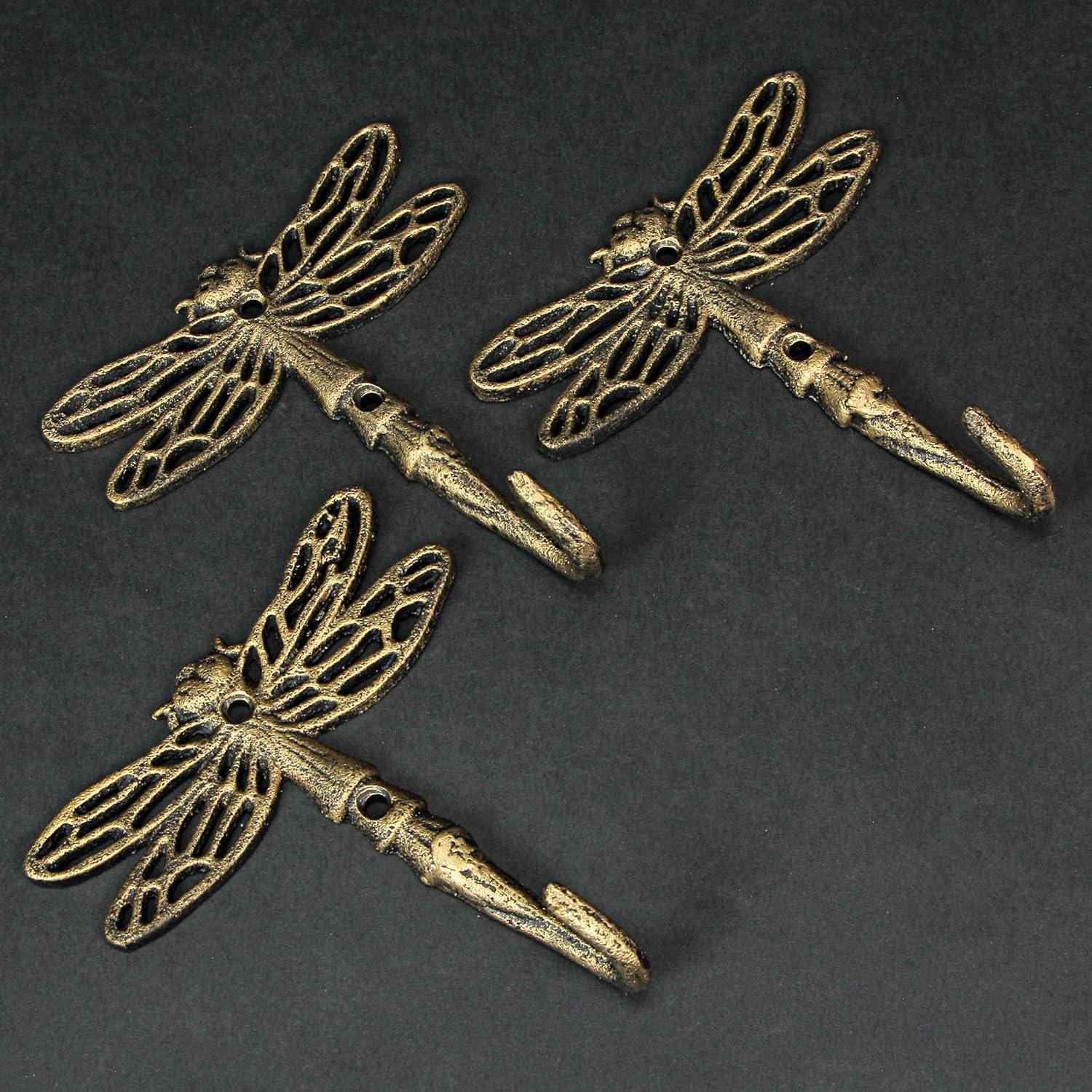 Zeckos Gold Cast Iron Dragonfly Wall Hook 5 inch Home Decor Set of 3