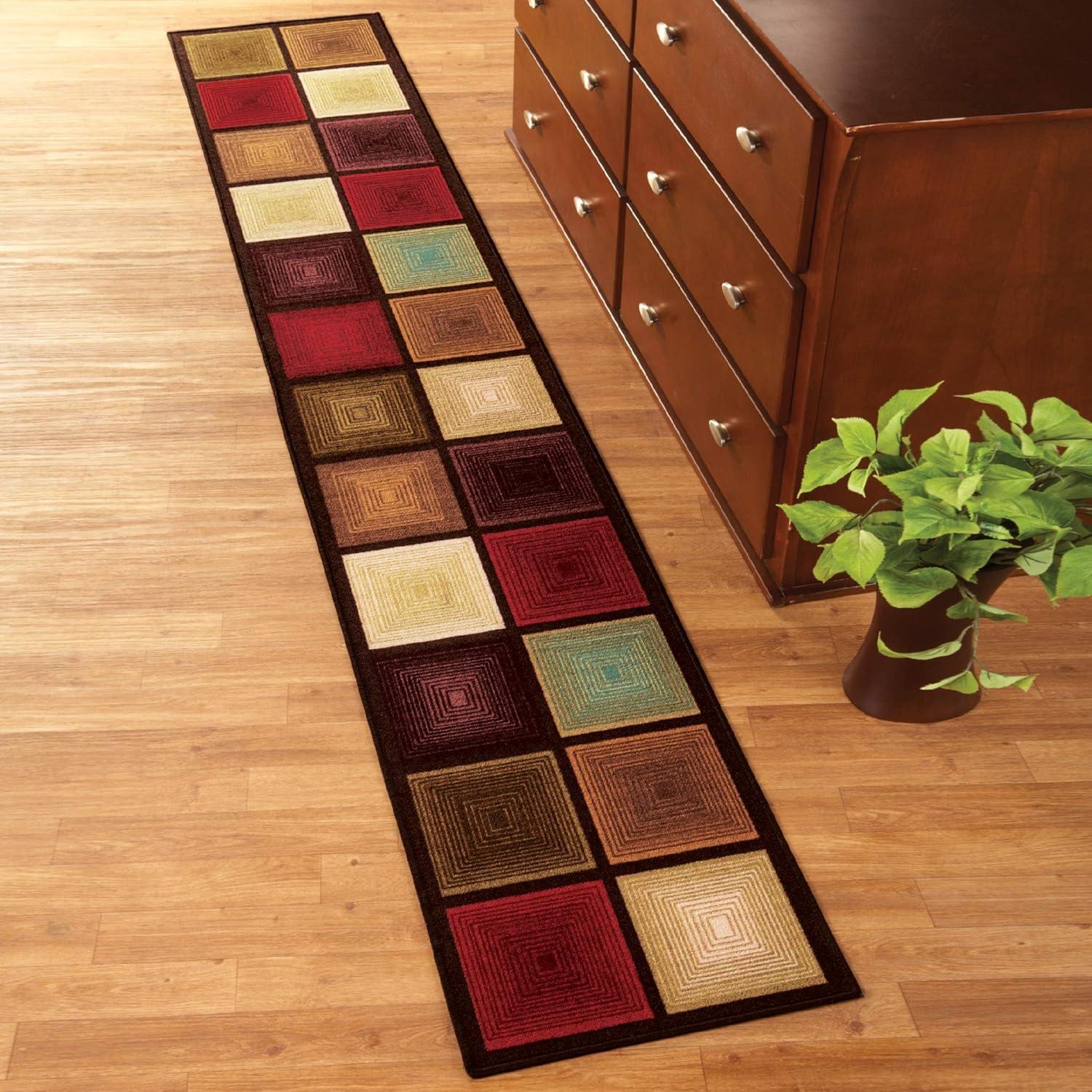 Collections Etc Optic Squares Runner Rug in Deep, Rich Hues - Skid-Resistant Backing Perfect for Hallway, 20" X 90"
