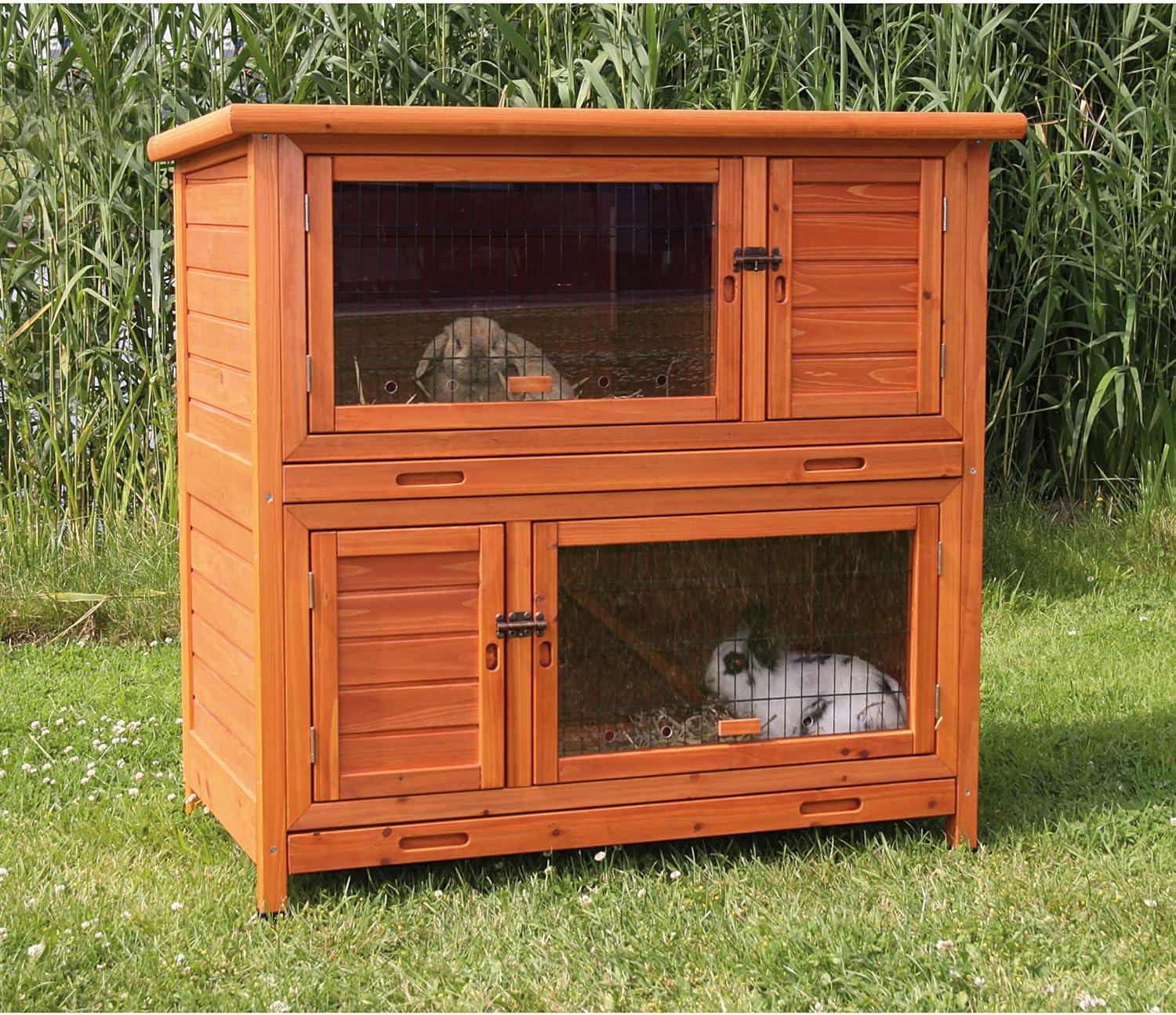 TRIXIE Insulated Outdoor 2-Story Wooden Small Animal Hutch with Windows, Trays, Ramp