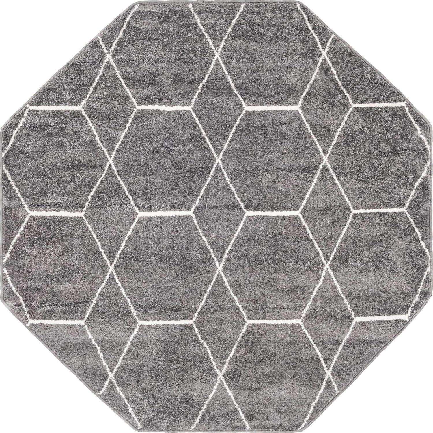 Dark Gray Octagon Synthetic Trellis Stain-Resistant Rug