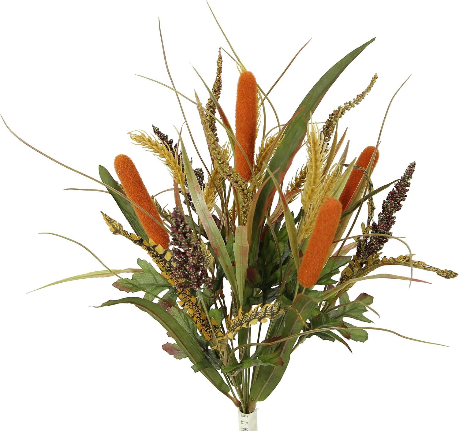 Cinnamon Faux Cattail Wheat Fall Mix Bush Arrangement