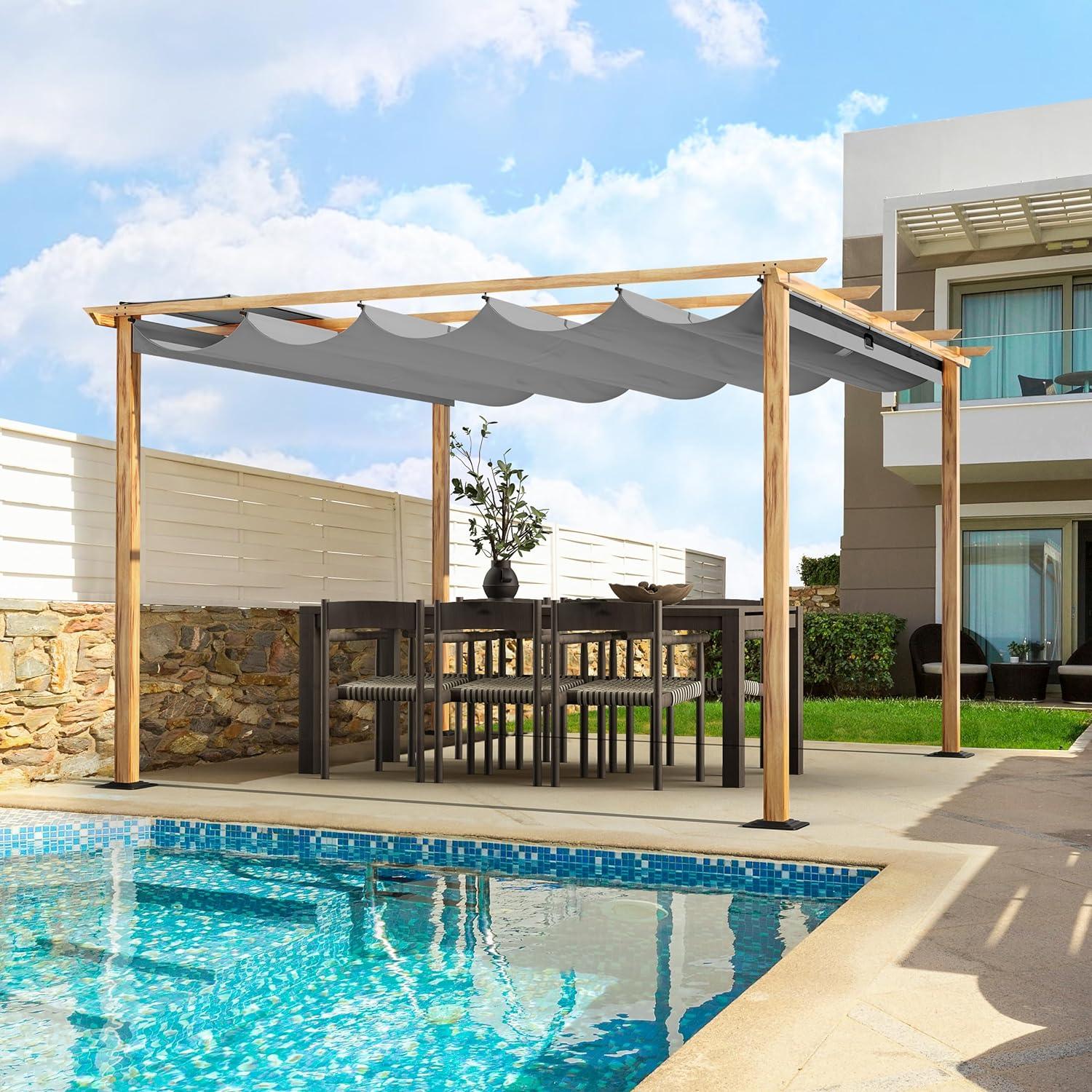 12' x 12' Woodgrain Aluminum Pergola with Gray Canopy