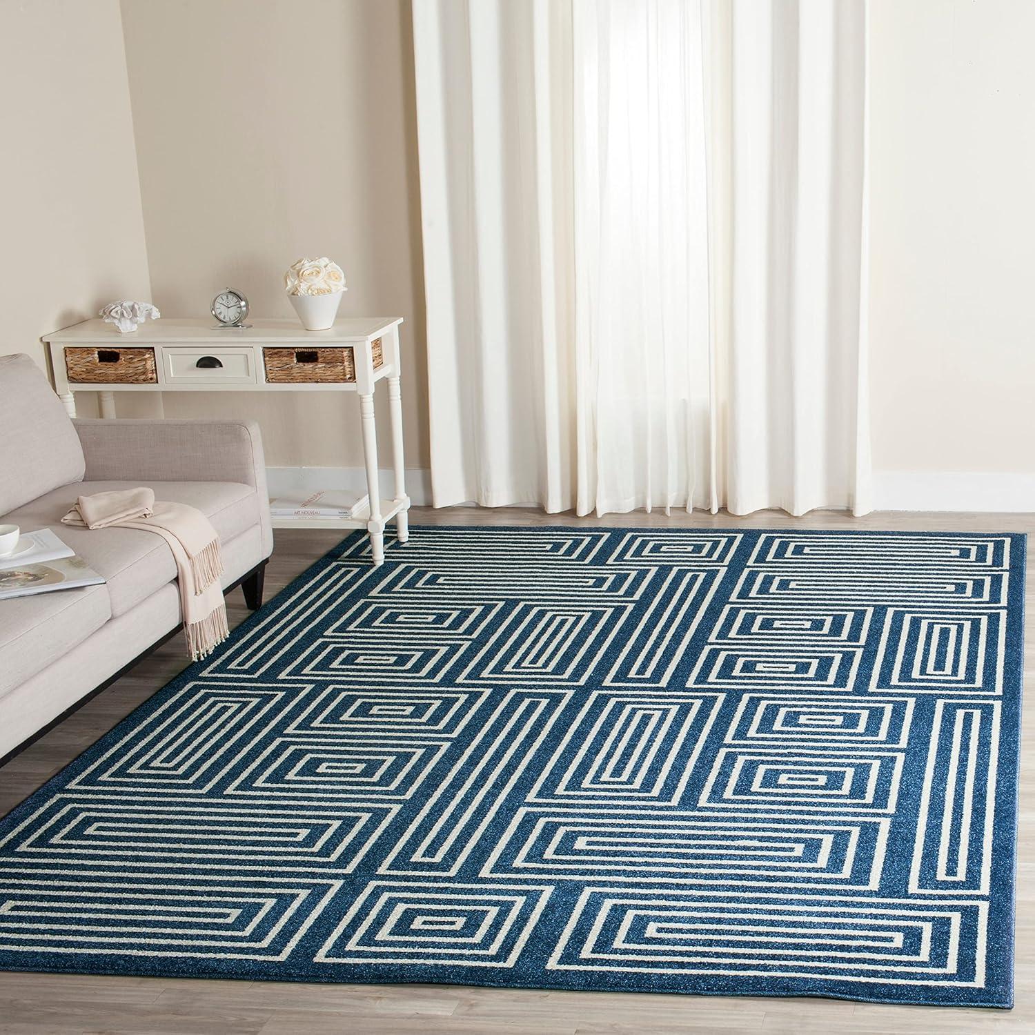 Navy and Beige 8' x 10' Reversible Geometric Synthetic Area Rug