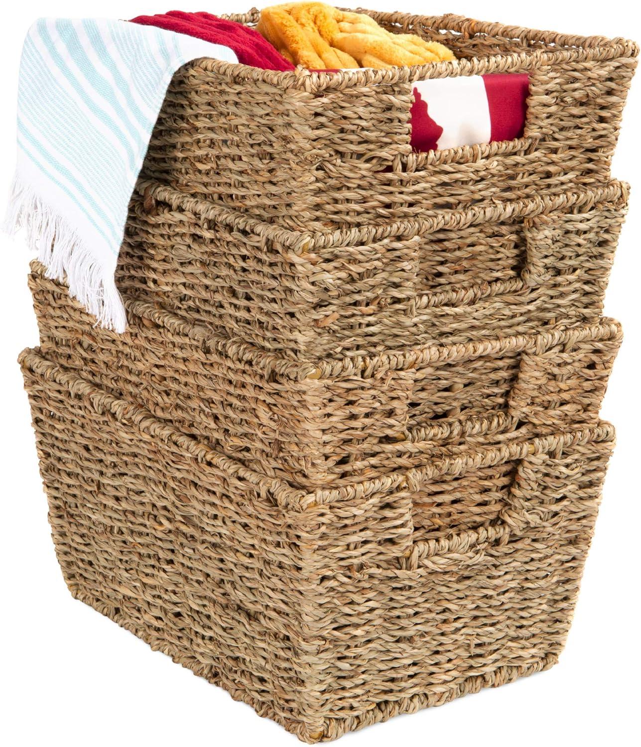 Best Choice Products Set of 4 Multipurpose Stackable Seagrass Storage Laundry Organizer Baskets w/ Handles