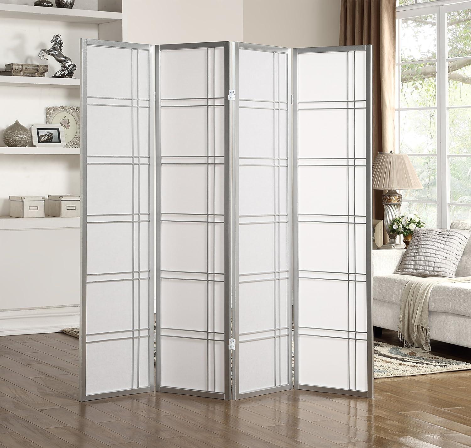 Silver 4-Panel Shoji Rice Paper and Wood Room Divider