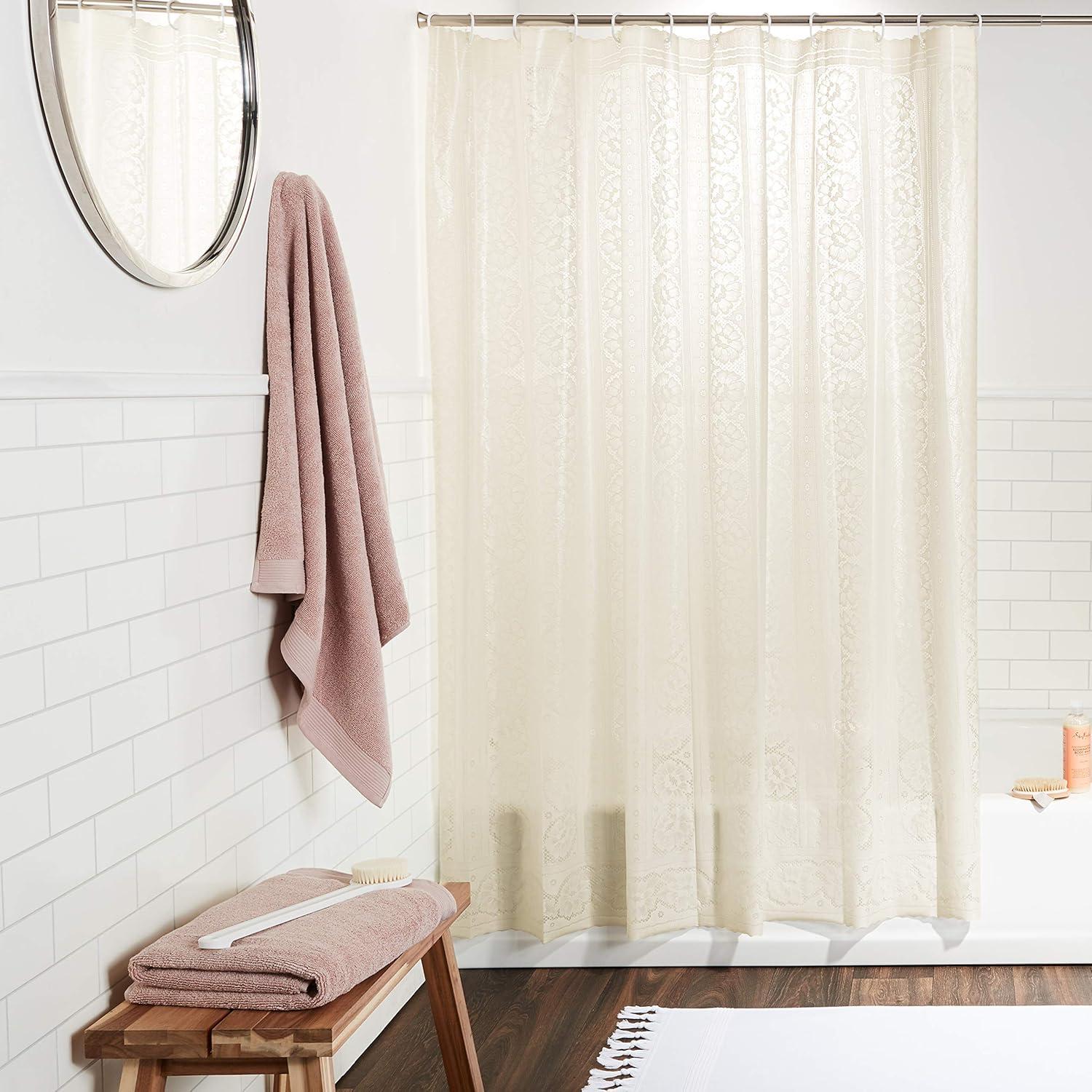 Ivory Floral Lace Heavyweight Vinyl Shower Curtain with Hooks