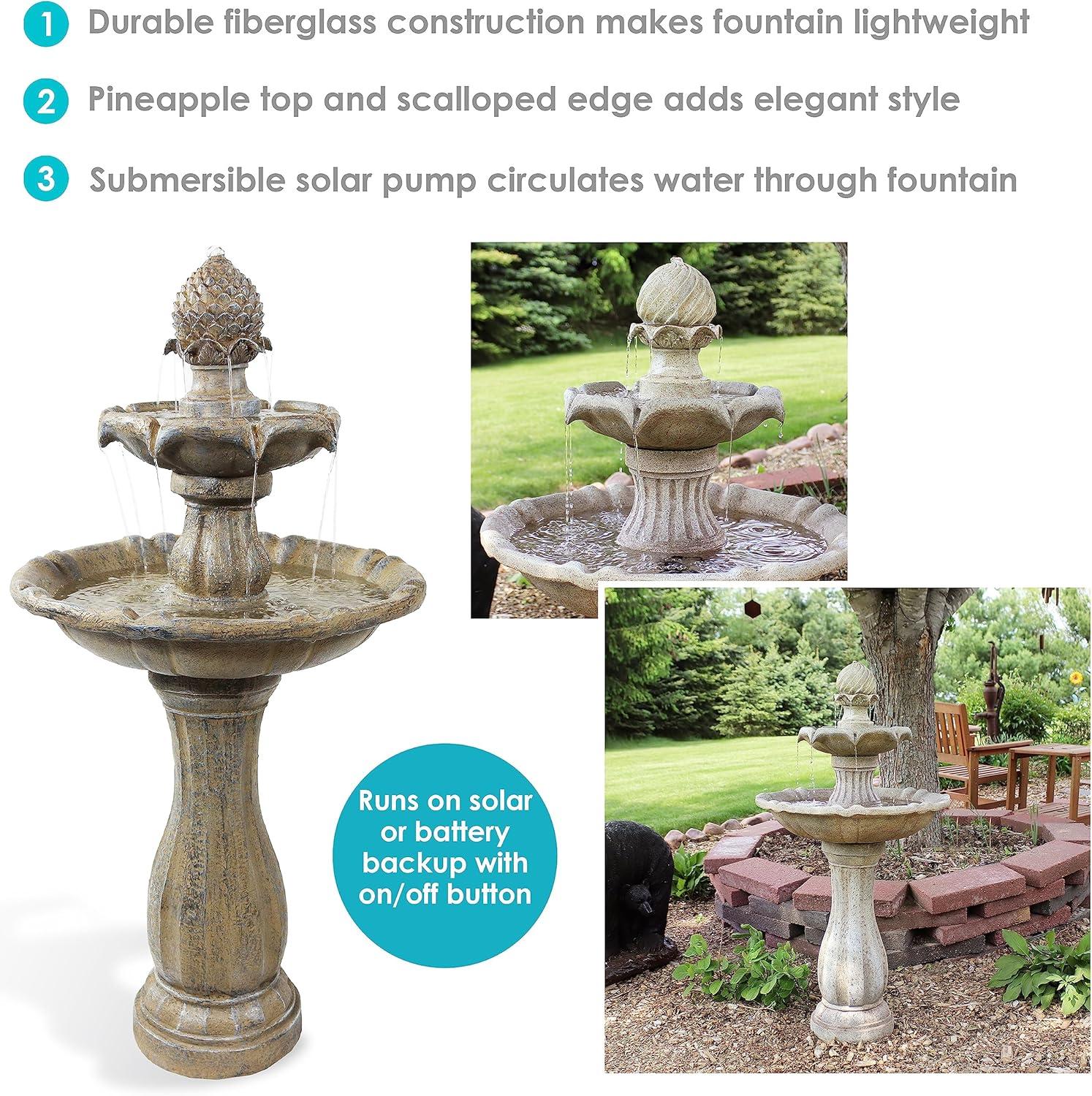 Sunnydaze Outdoor 2-Tier Pineapple Solar Powered Water Fountain with Battery Backup and Submersible Pump - 46" - Earth Finish