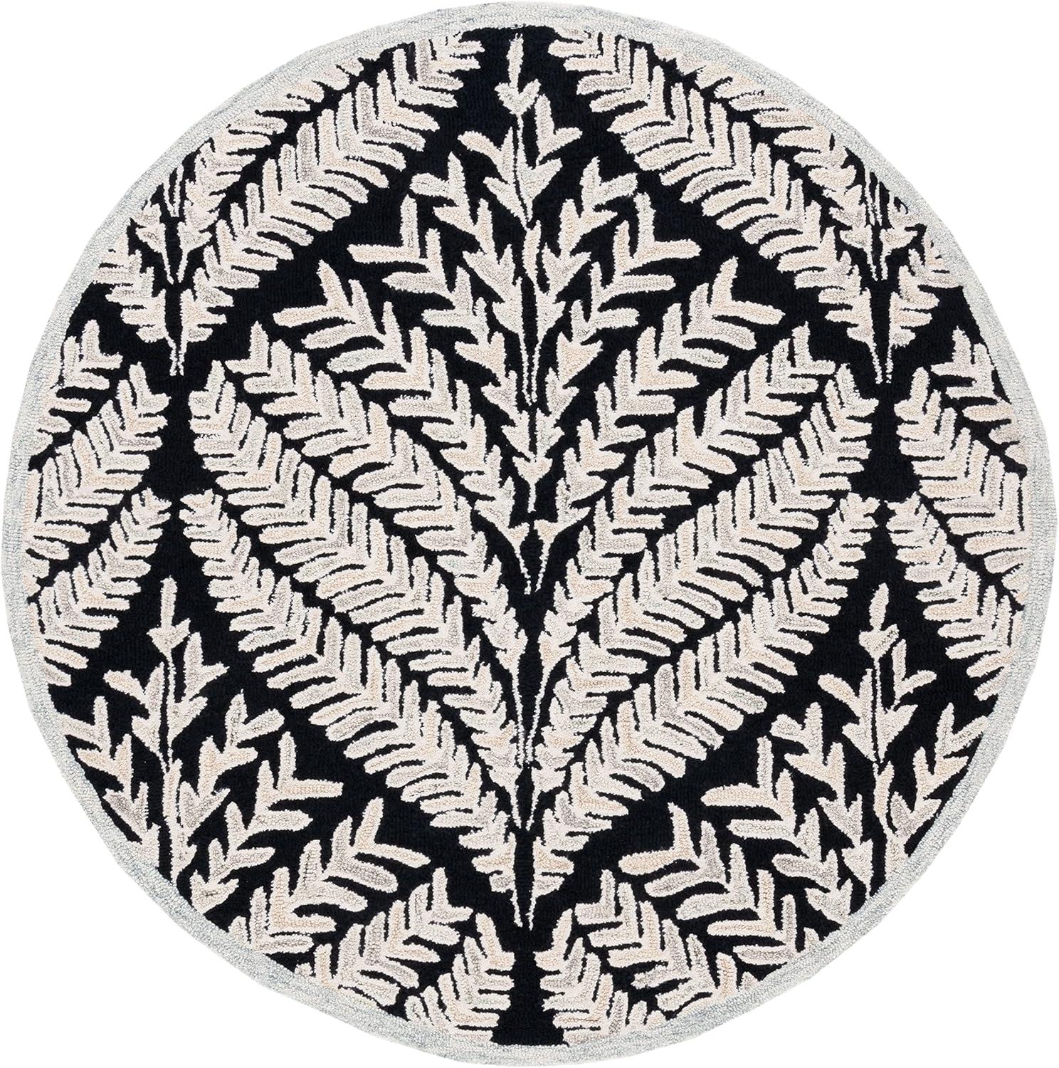 SAFAVIEH Capri Proinsias Leaves Wool Area Rug, Black/Ivory, 3' x 3' Round