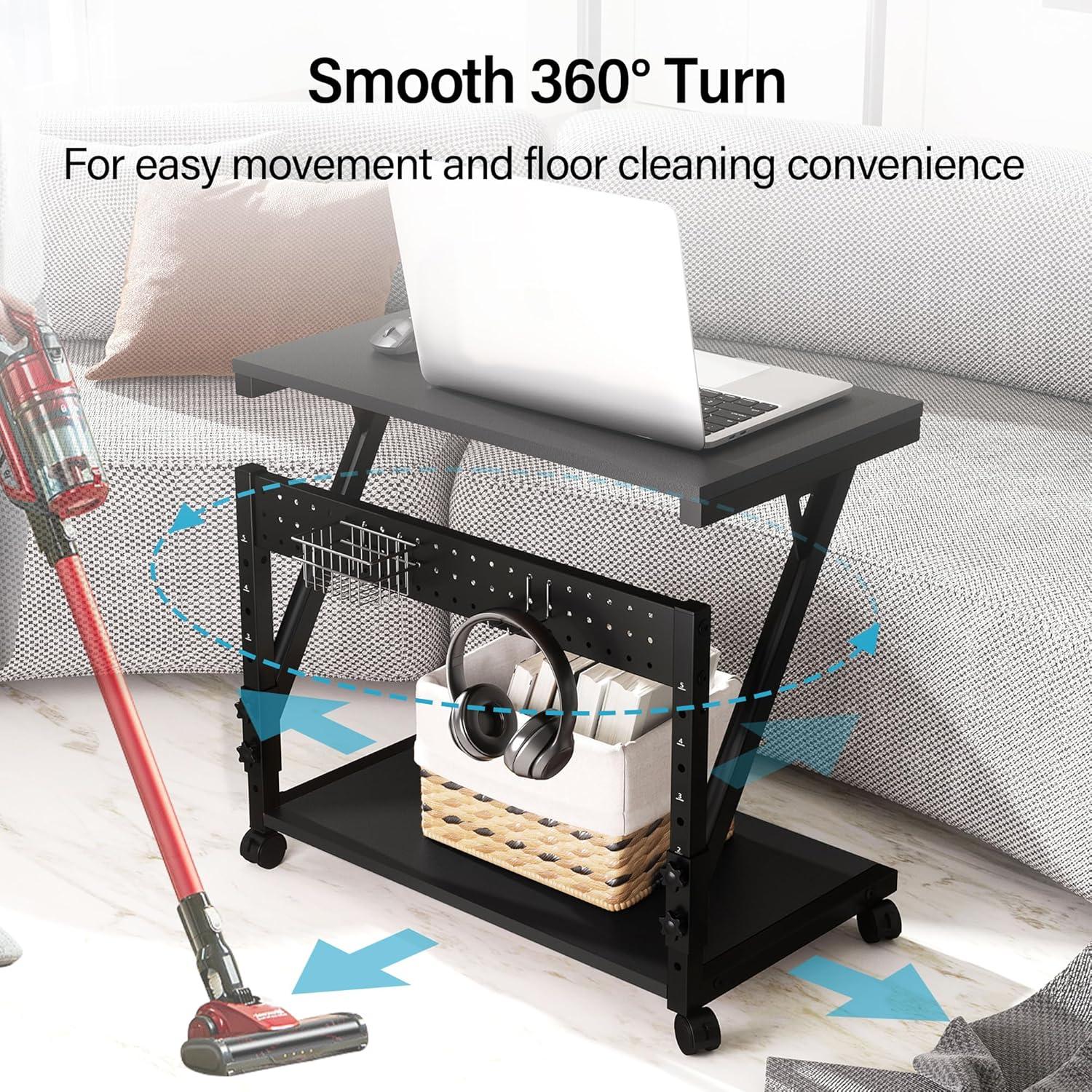 Computer Tower Cart - Height Adjustable PC Stand, 2-Tier ATX-Case CPU Holder Home Office Gaming Desk Accessories with Rolling Lockable Wheels, Laptop Table Standing Computer Desk, Rustic Black