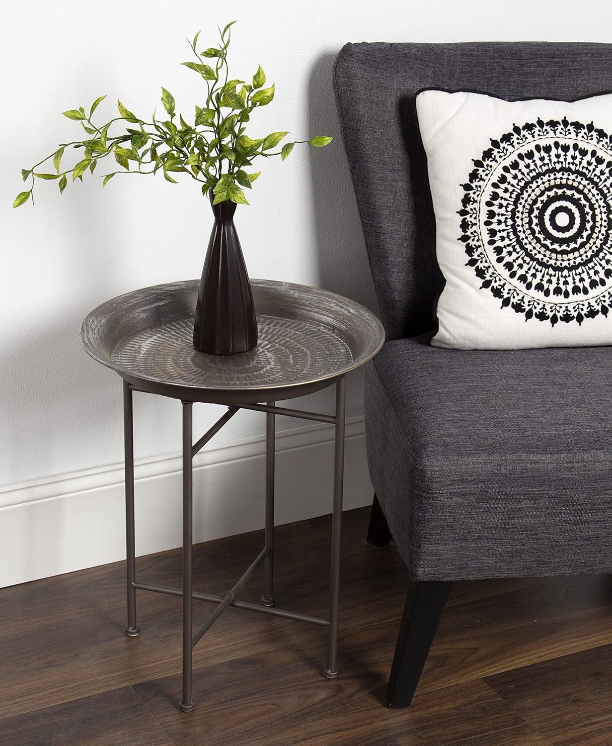 Moroccan-Inspired Dark Silver Hammered Metal Round Side Table