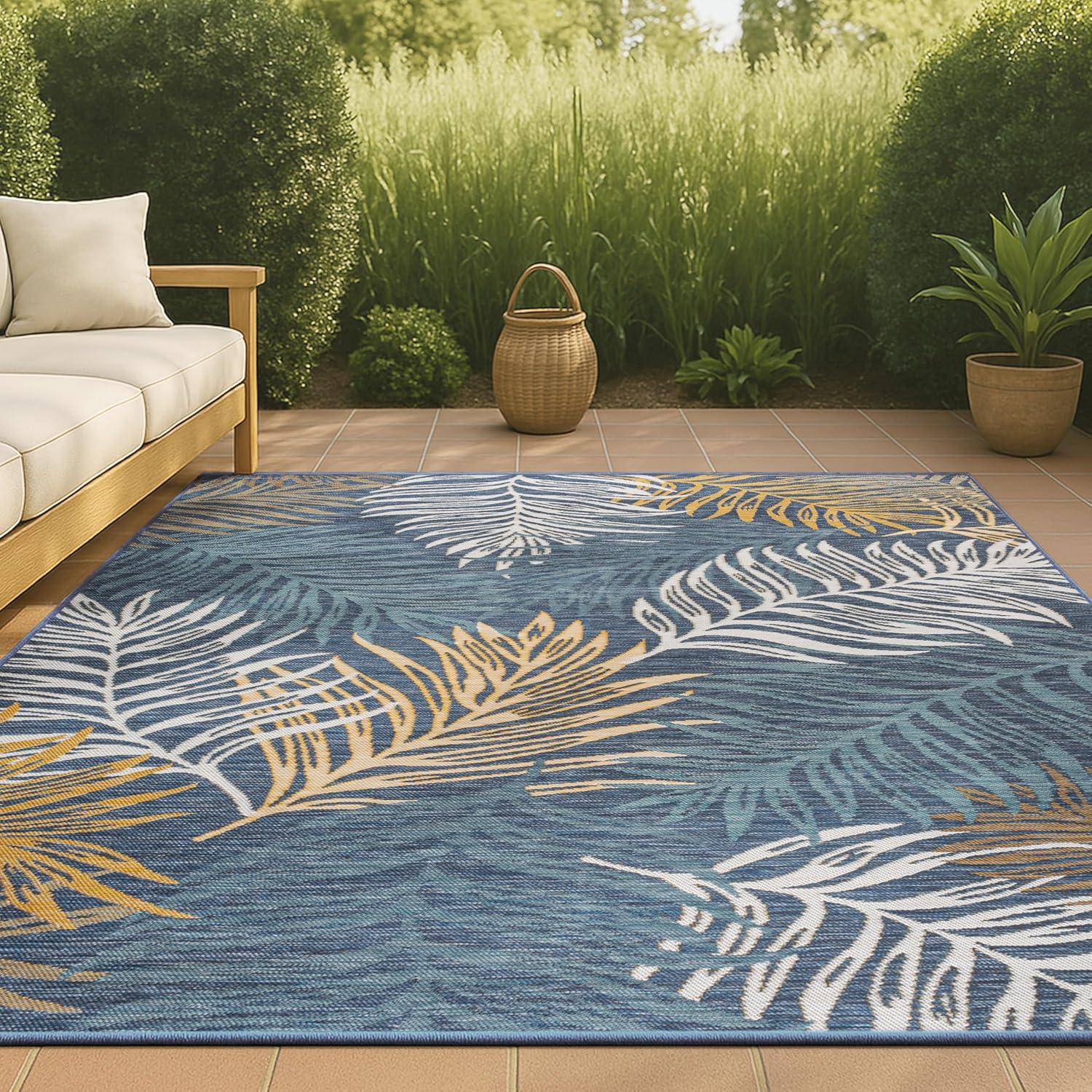 JONATHAN Y Calypso Coastal Casual Palm Frond Reversible Machine-Washable Cream/Navy 5 ft. x 8 ft. Indoor/Outdoor Area Rug