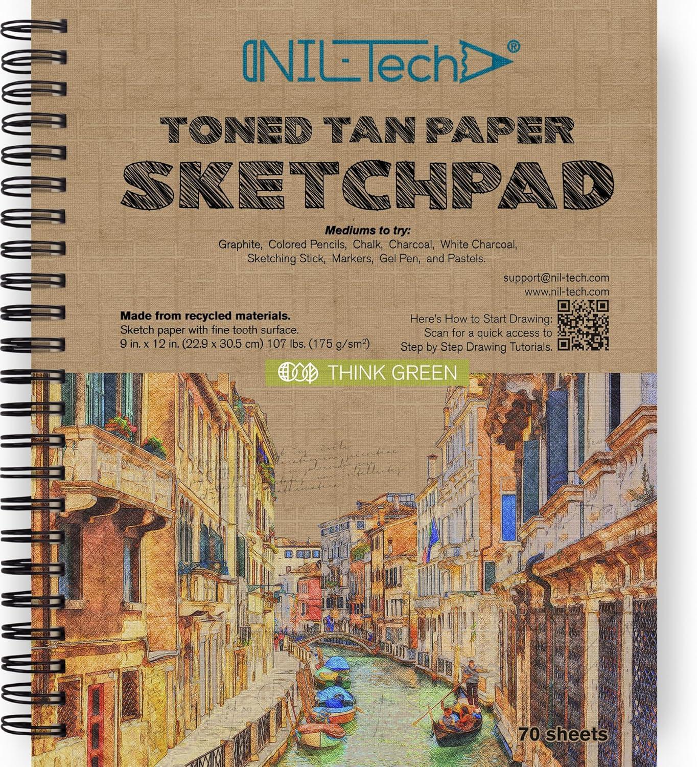 NIL - Tech70 Sheets Premium Toned Tan Sketchbook - 9x12 inches (107 lb/175 GSM) Spiral Bound Drawing Paper Pad for Markers, Colored Pencils, Chalk, Oil Pastels, Charcoal Pencils and Graphite