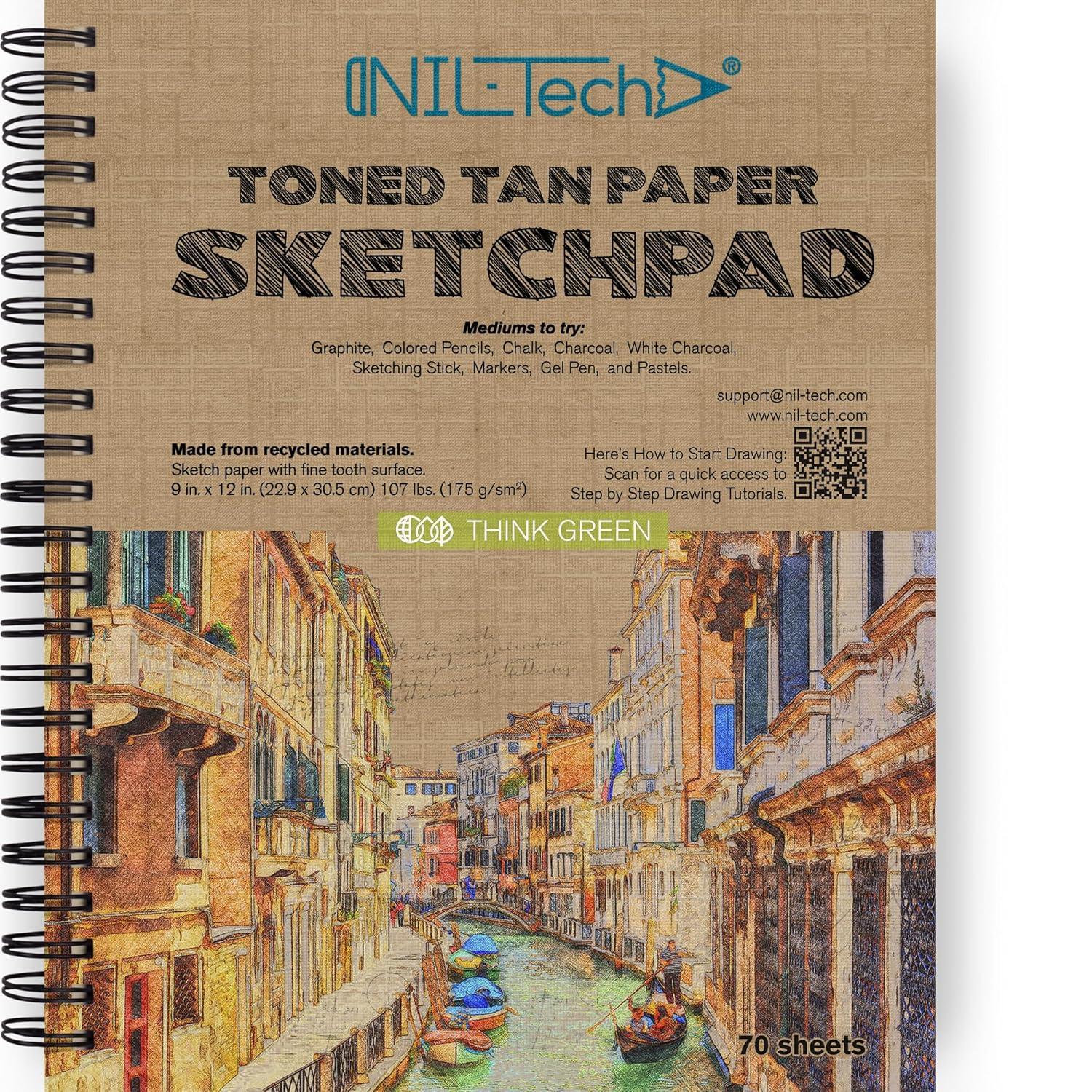 NIL - Tech70 Sheets Premium Toned Tan Sketchbook - 9x12 inches (107 lb/175 GSM) Spiral Bound Drawing Paper Pad for Markers, Colored Pencils, Chalk, Oil Pastels, Charcoal Pencils and Graphite