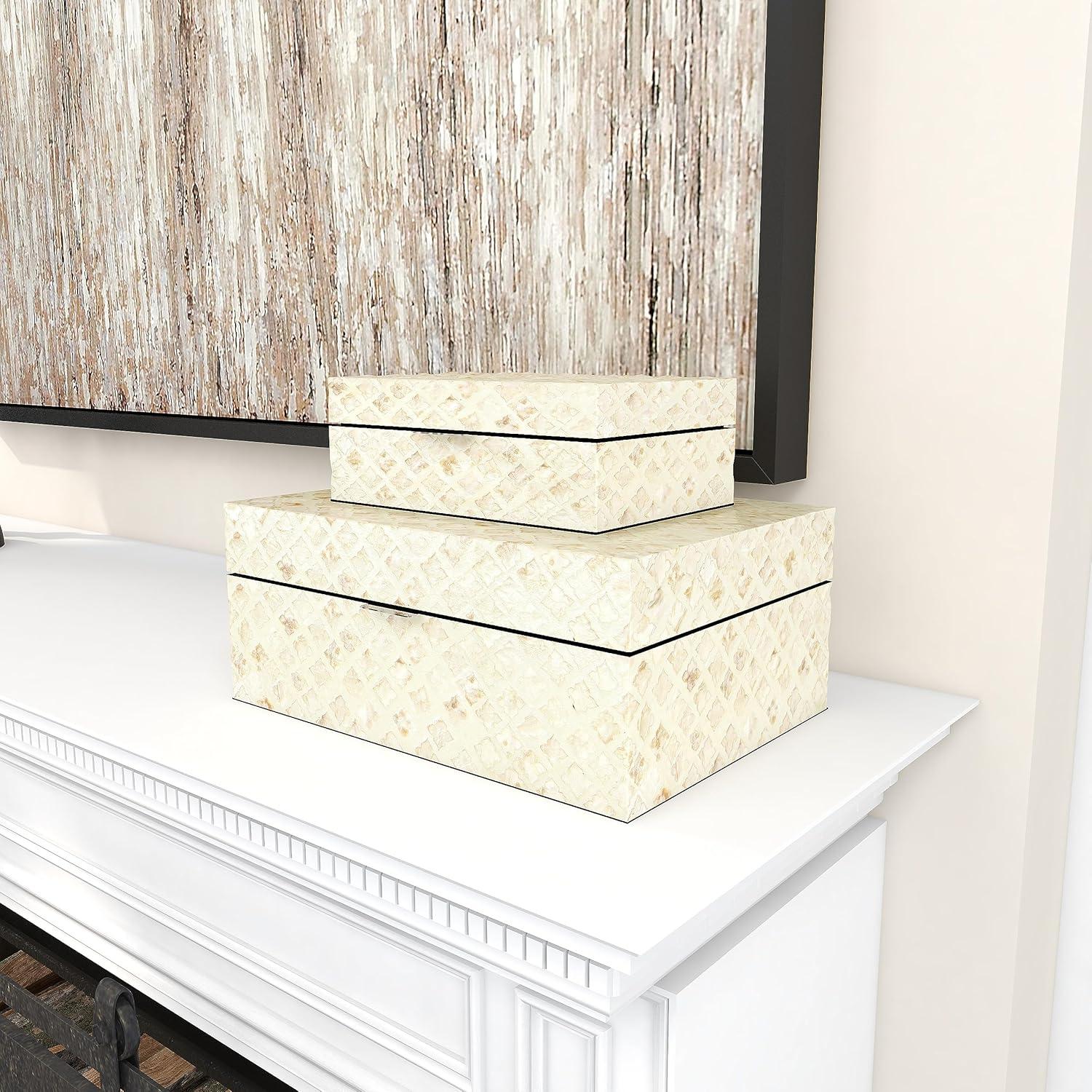 Set of 2 Shell Inlaid Wooden Boxes Natural - Olivia & May: Coastal Style Storage with Felt Stoppers