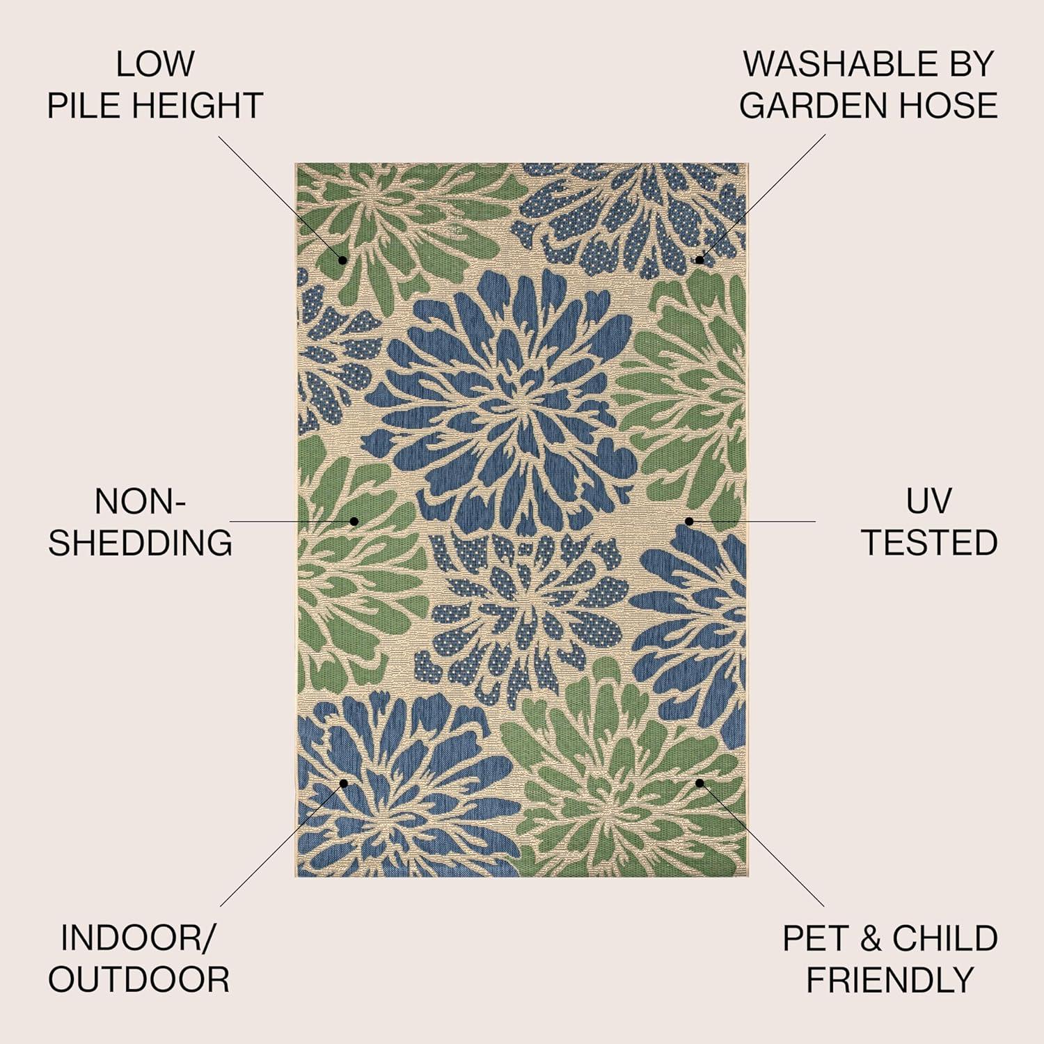 9' X 12' Zinnia Modern Floral Textured Weave Indoor/Outdoor Area Rug, Navy/Green - JONATHAN Y