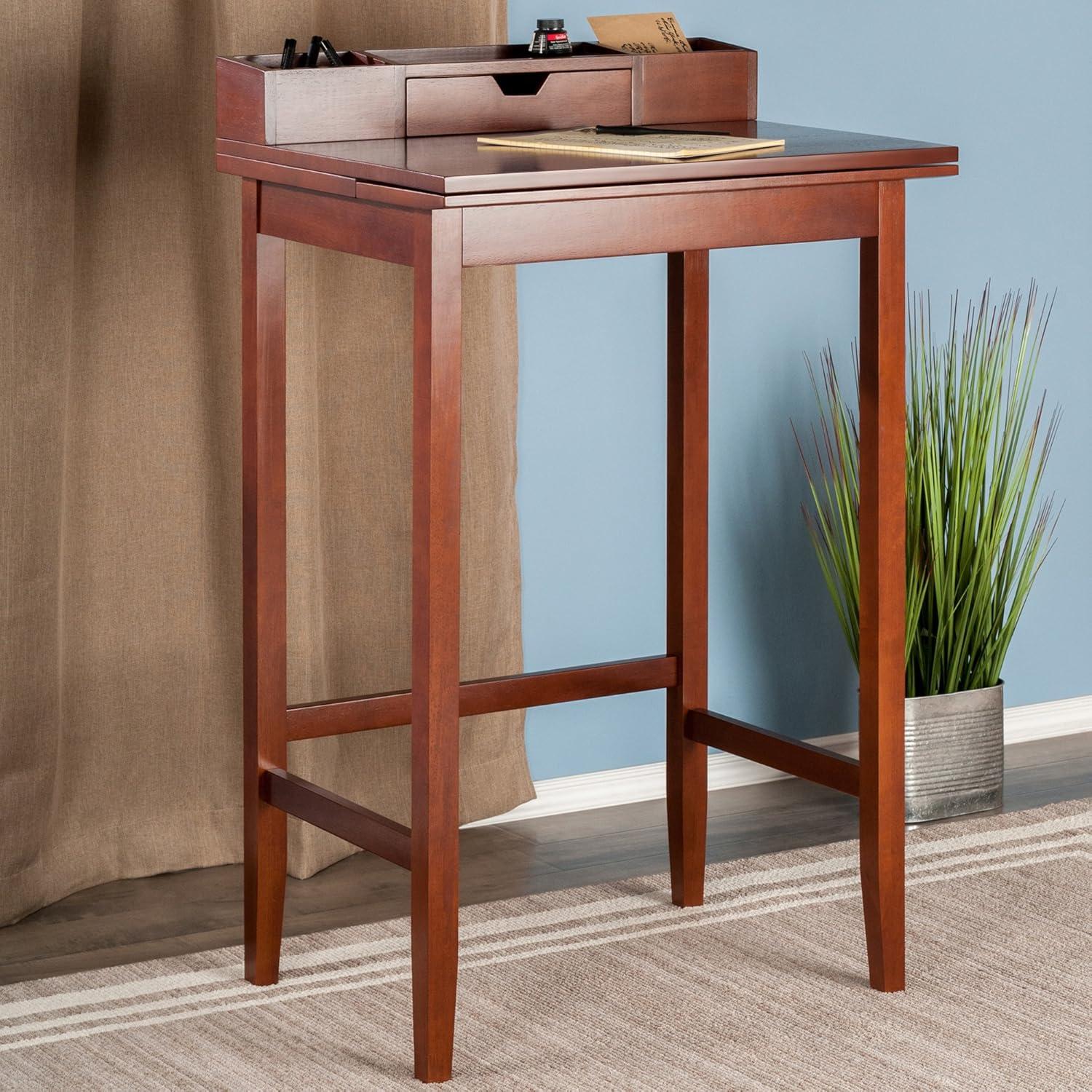 Walnut Wood High Desk with Hutch and Drawer