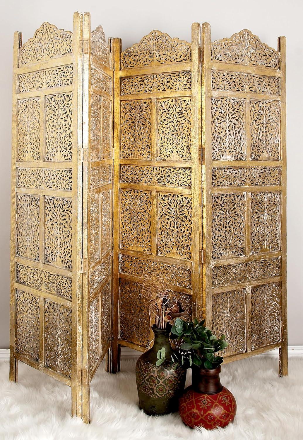 DecMode 80" x 72" Gold Wooden Scroll Handmade Hinged Foldable Partition 4 Panel Room Divider Screen with Carved Elephant Accents, 1-Piece