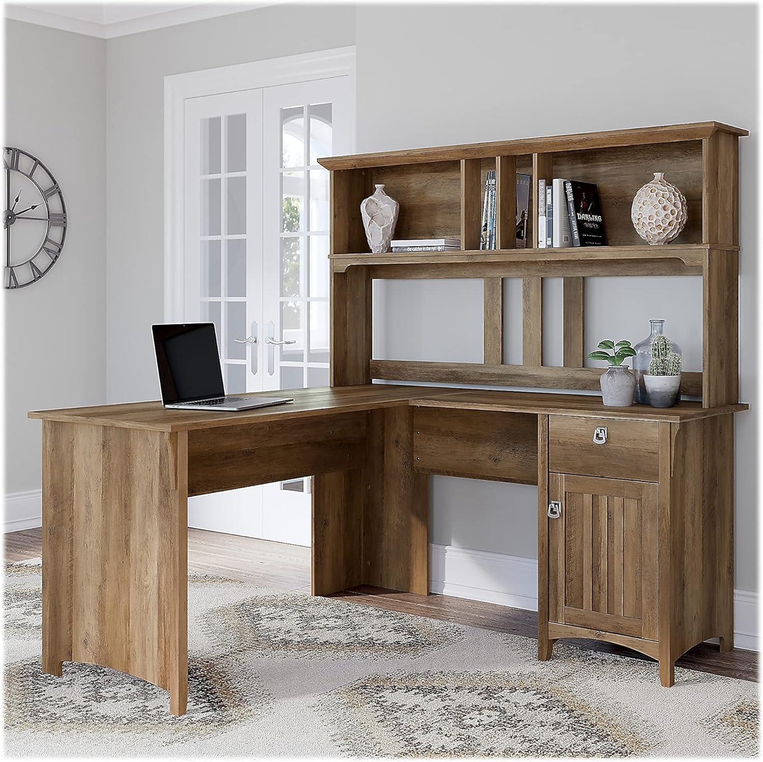 Reclaimed Pine L-Shaped Computer Desk with Hutch and Drawer