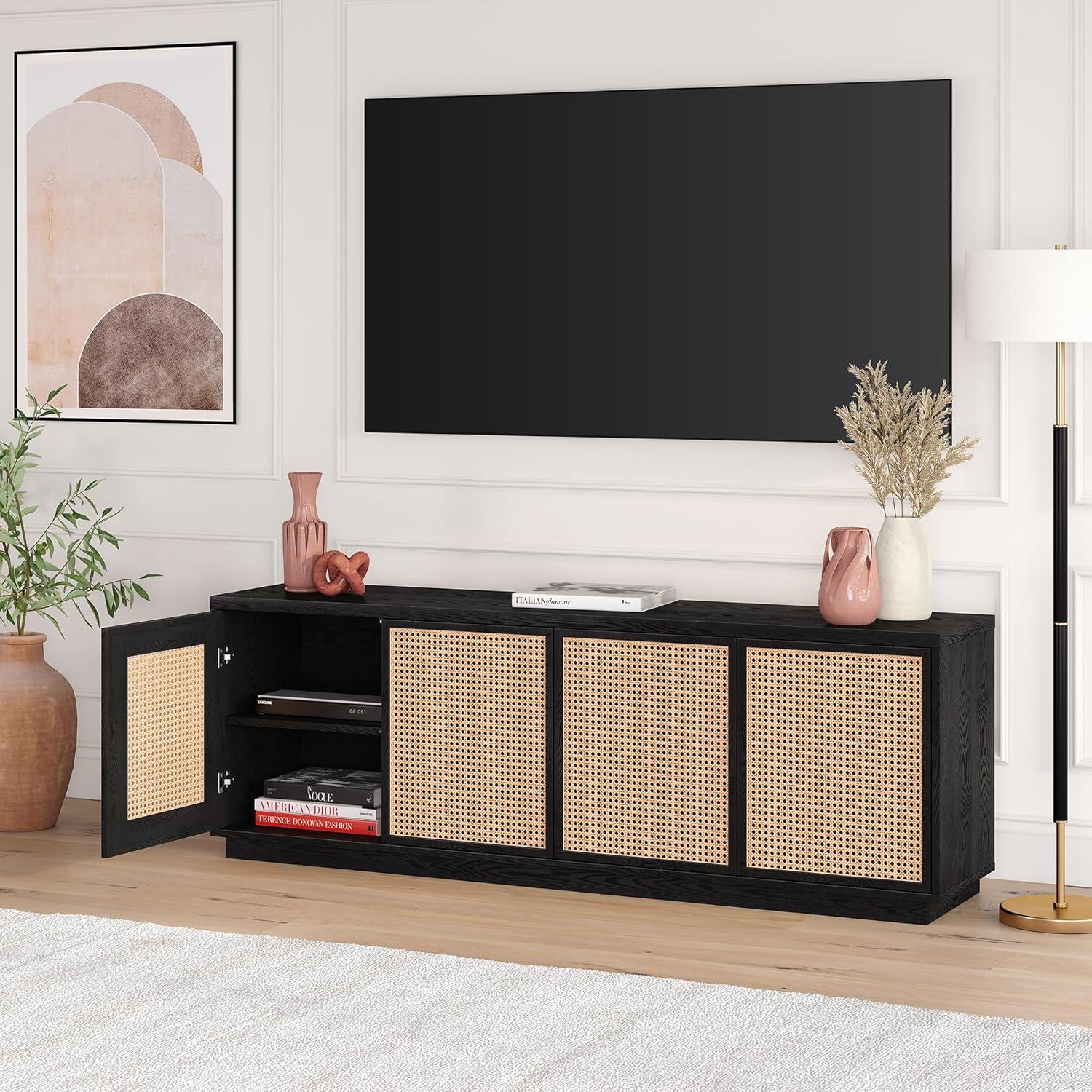 Black Grain Faux Rattan 78" TV Stand with Cabinets