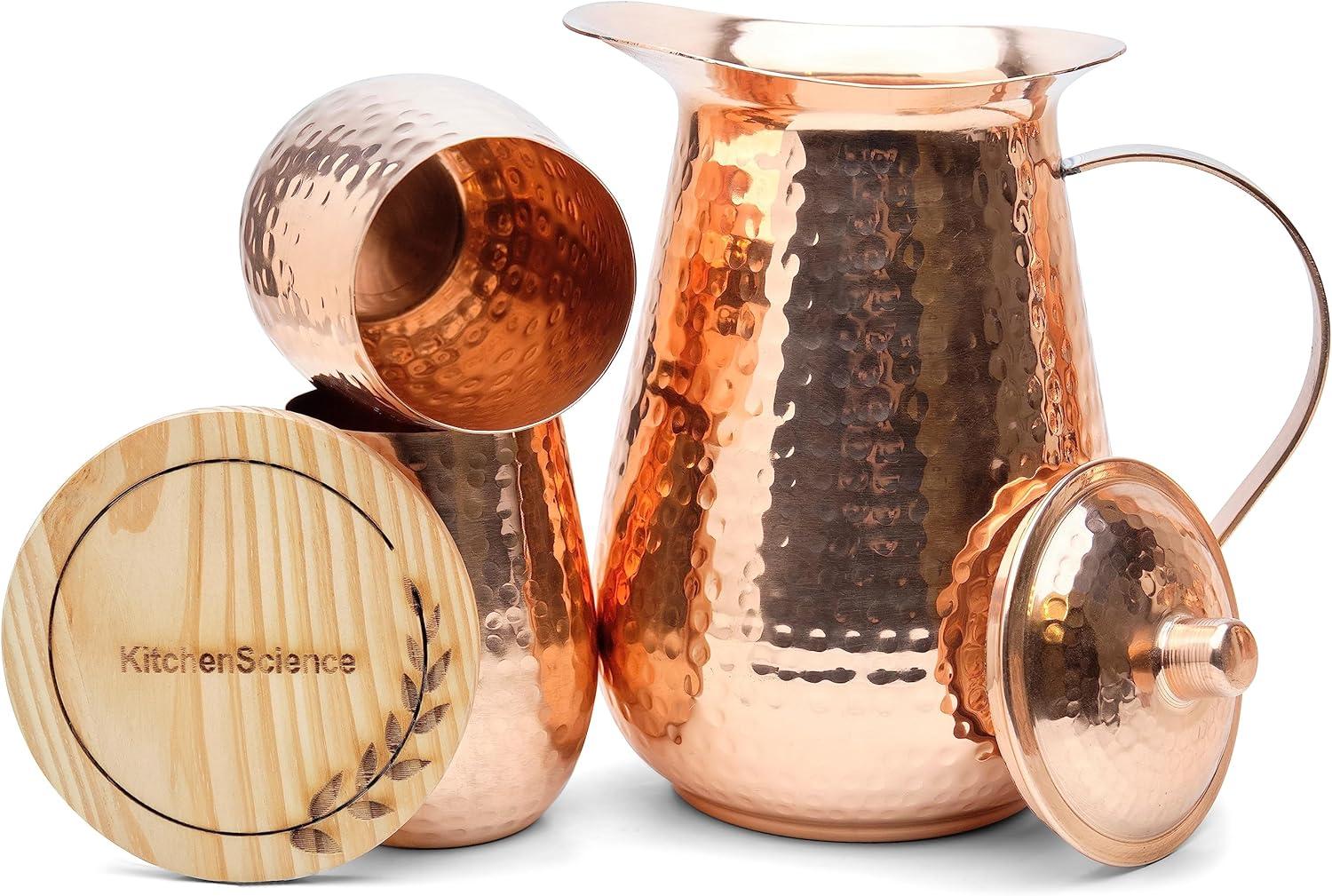 Kitchen Science Pure Copper Pitcher w/ 2 Copper Tumblers | Copper Water Pitcher for Drinking Water | Copper Vase | Copper Jug | Water Jug Set