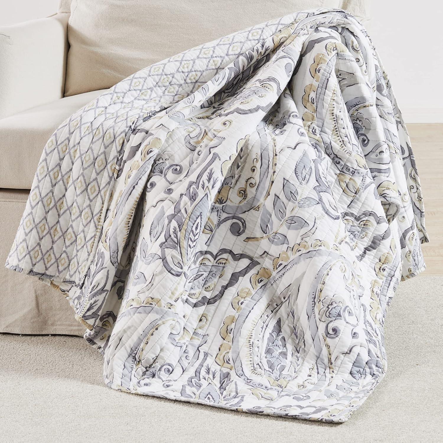 Levtex Home - Tamsin Grey - Throw - intricate paisley design - Quilt (50x60in.) and Sham 50x60in. - Cotton/Cotton