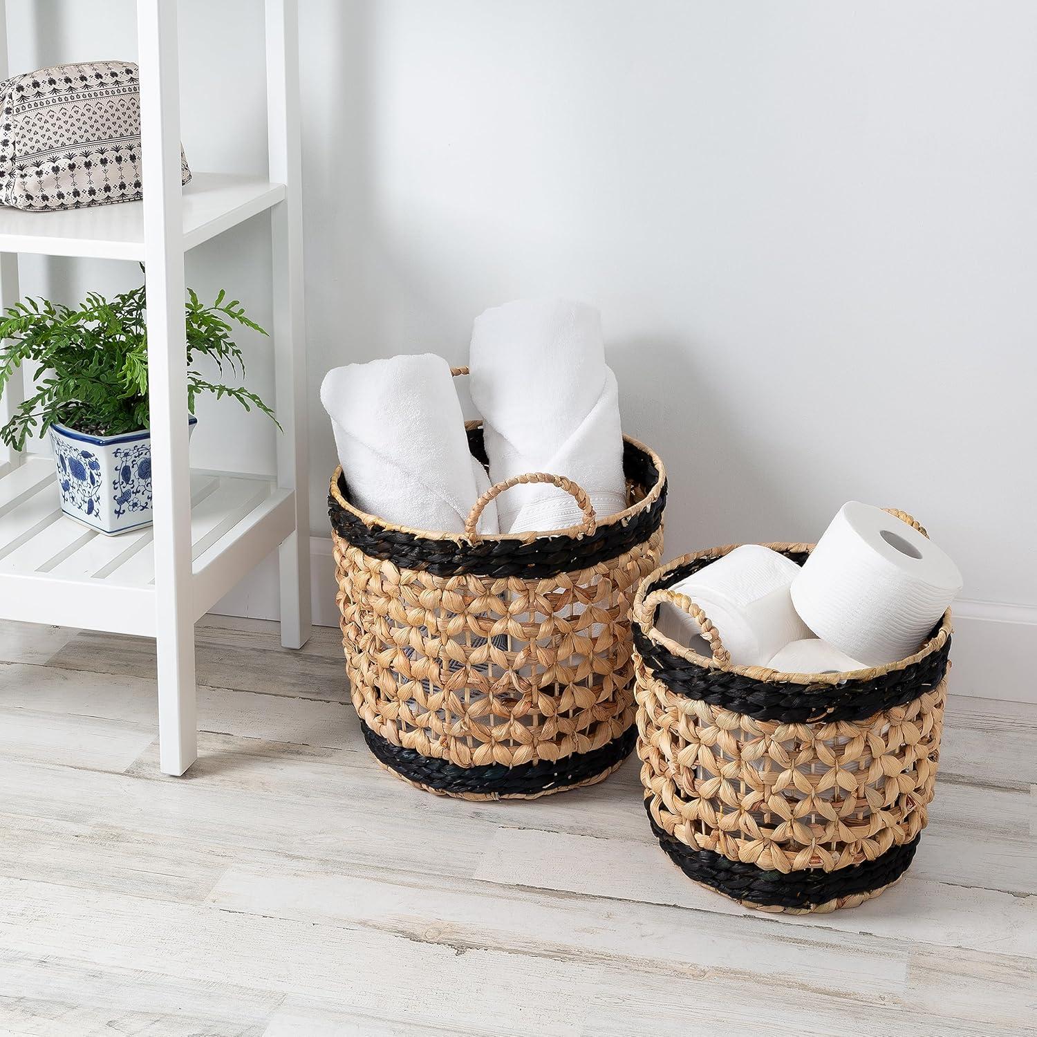 Set Of 2 Round Decorative Wicker Baskets With Handles, Natural/Black Natural