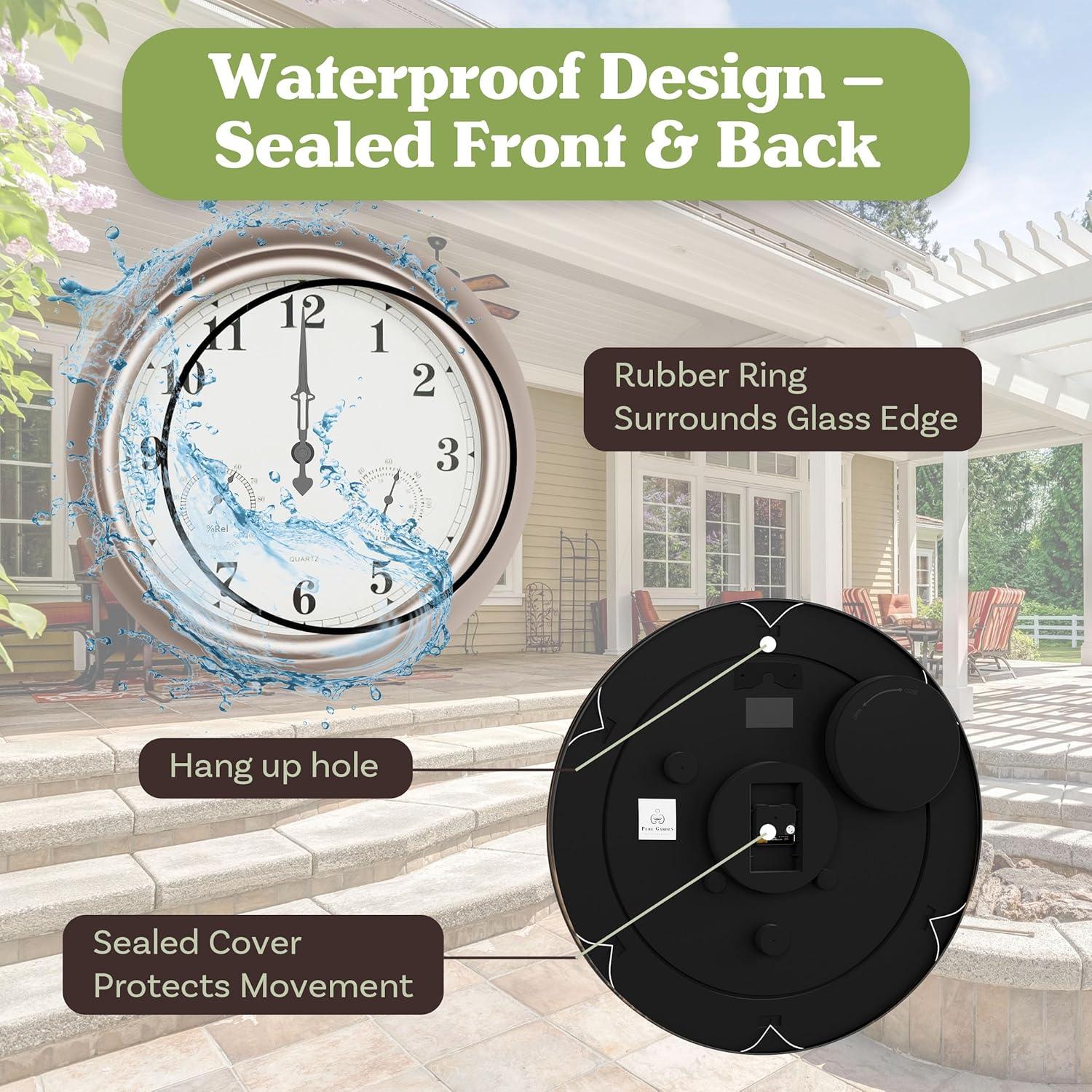 Pure Garden Indoor Outdoor Clock Thermometer Combo - 18-Inch Waterproof Outdoor Wall Clock with Temperature and Humidity by Pure Garden
