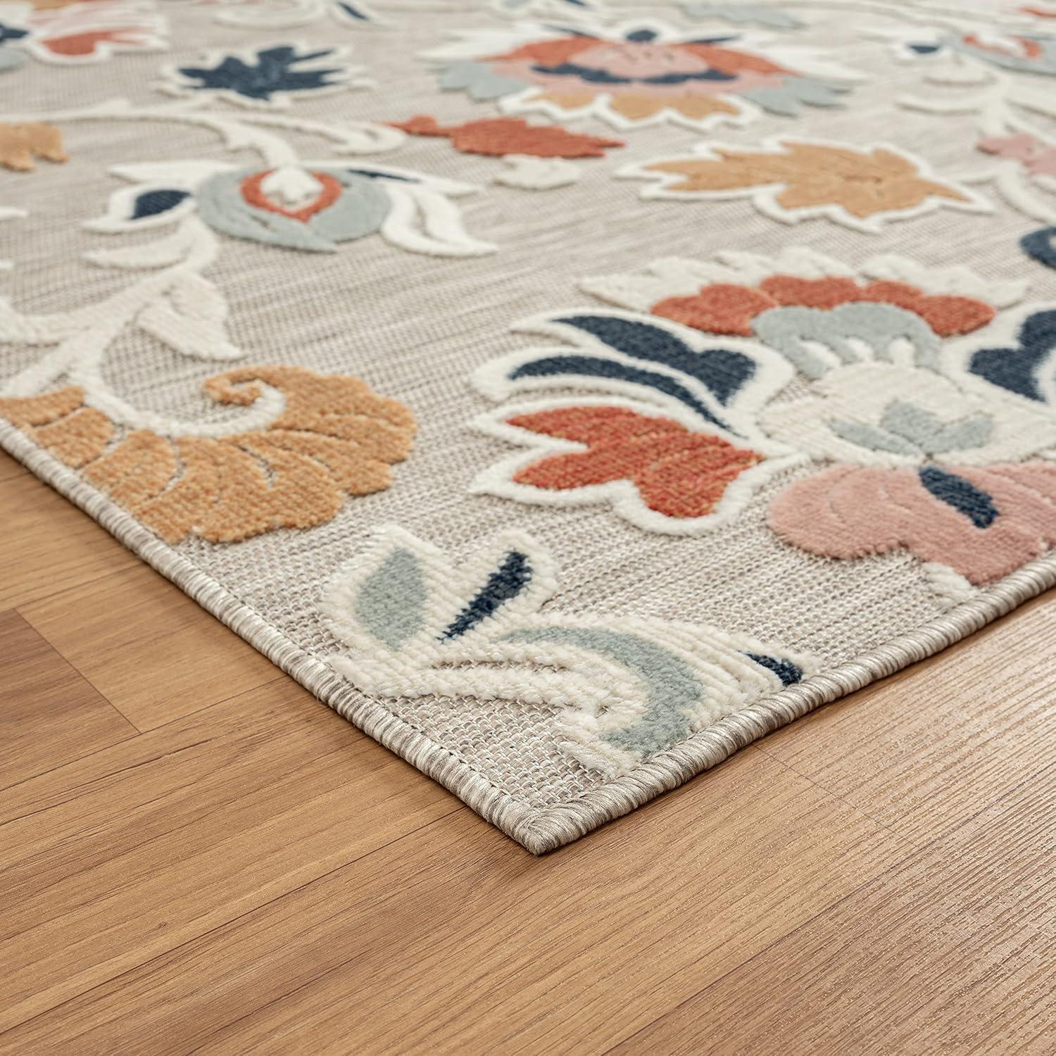 LR Home Elise 7'9" x 9'9" Coral/Gray Floral Hi-Low Indoor/Outdoor Area Rug
