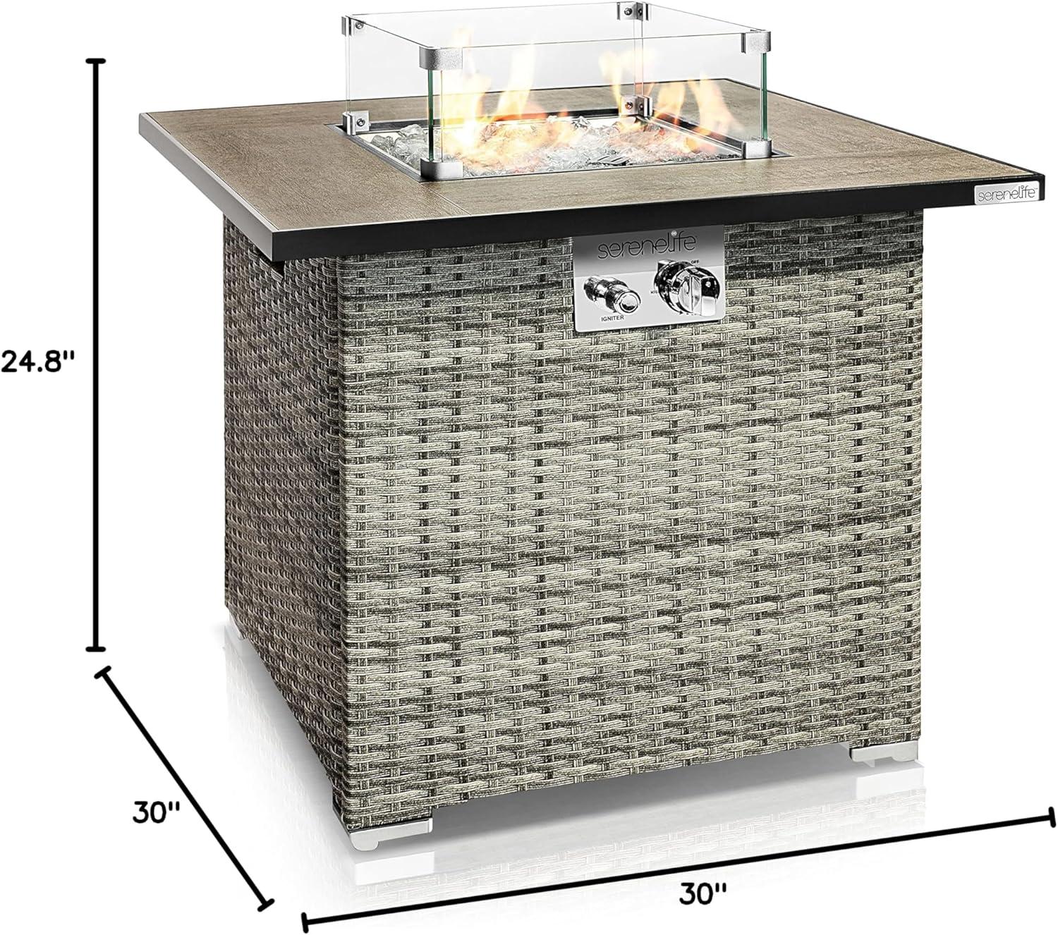 Outdoor Propane Fire Pit Table, Weatherproof Square Wicker Propane Gas Fire Table w/Tile Tabletop