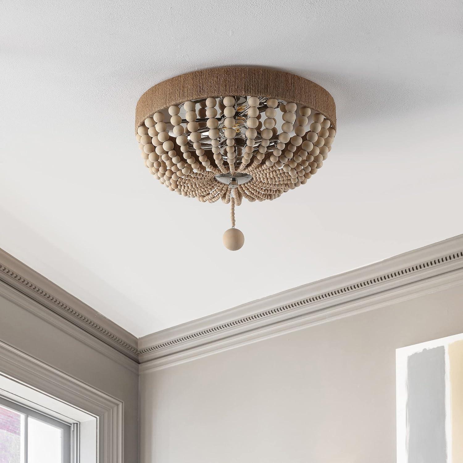 JONATHAN Y Justina Wood Bead 14" 2-Light Farmhouse Bohemian Iron LED Flush Mount, Light Taupe/Chrome, JYL1307A
