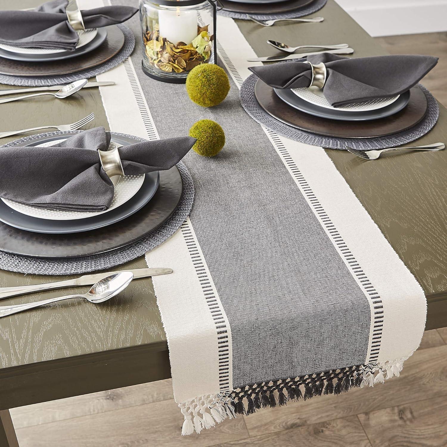 Design Imports  Ribbed Dobby Stripe Table Runner, Mineral Gray, 13X108"