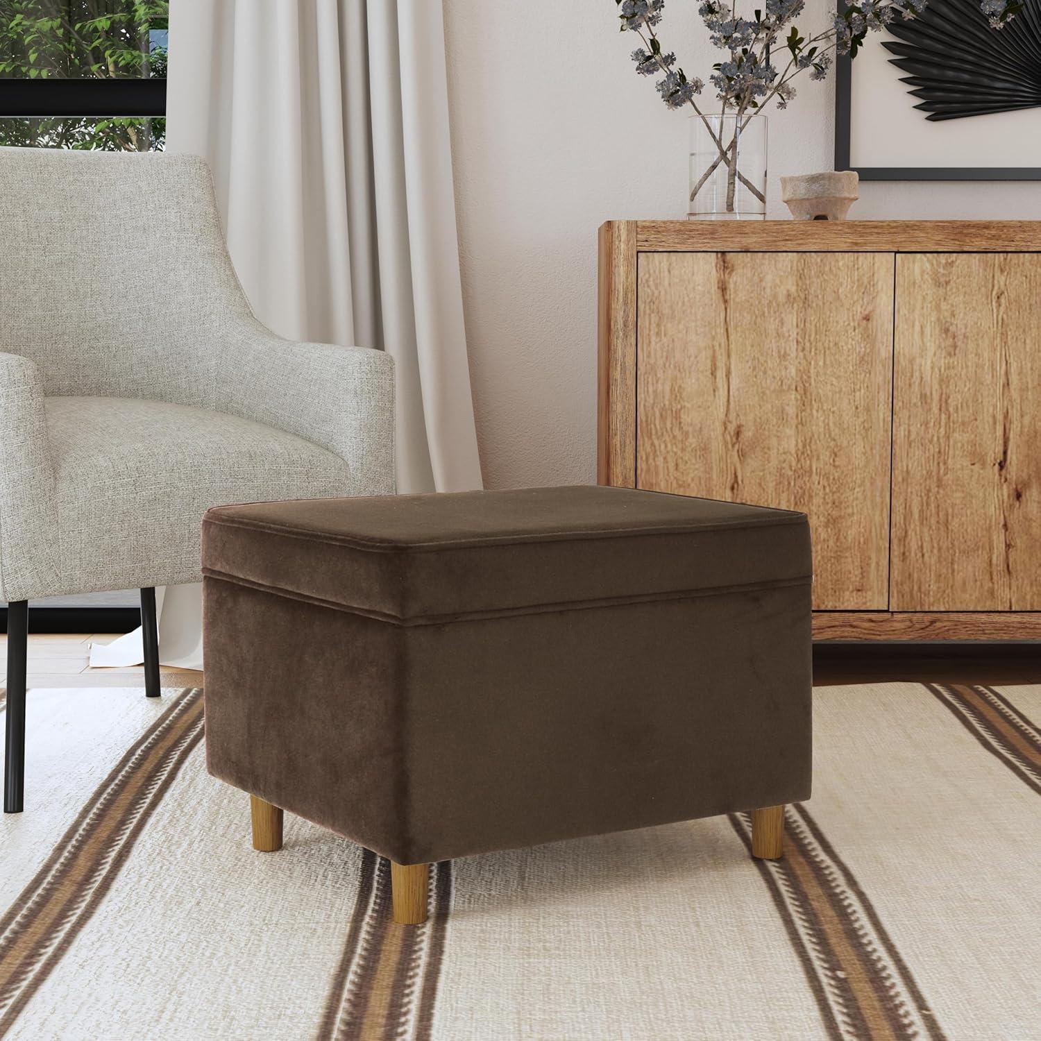 24" Dinah Storage Ottoman Chocolate Brown - HomePop: Velvet Upholstered, Honey Oak Wood Legs, Safety Hinges